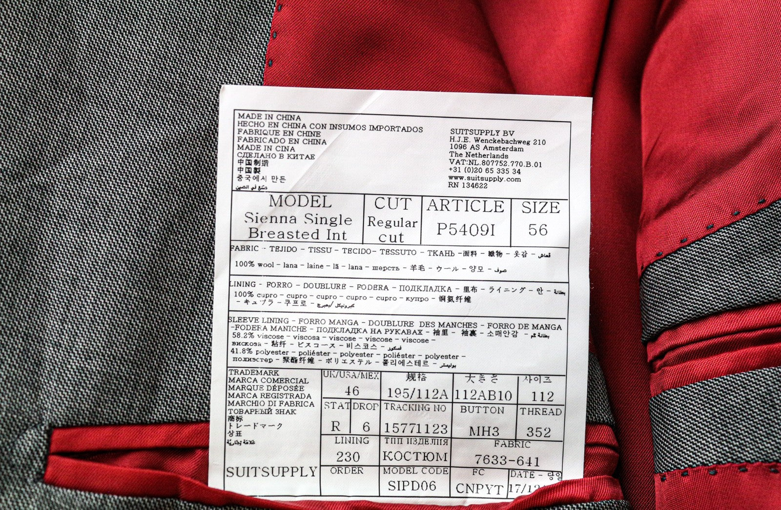 „SUITSUPPLY Sienna“ vyriškas švarkas „UK46R“ pilkas, „Super 140's“ vilnonis, vienaeilis 