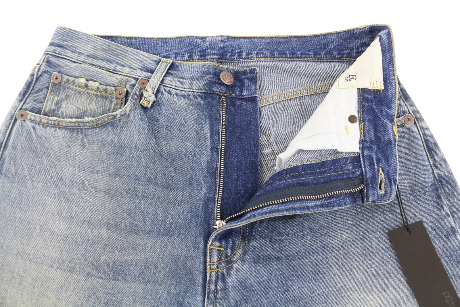 R13 Cuffed X-BF moteriški džinsai su rankogaliais 27 Jasper tiesaus kirpimo blukintos mėlynos spalvos džinsinis kelnės su užtrauktuku PF25 