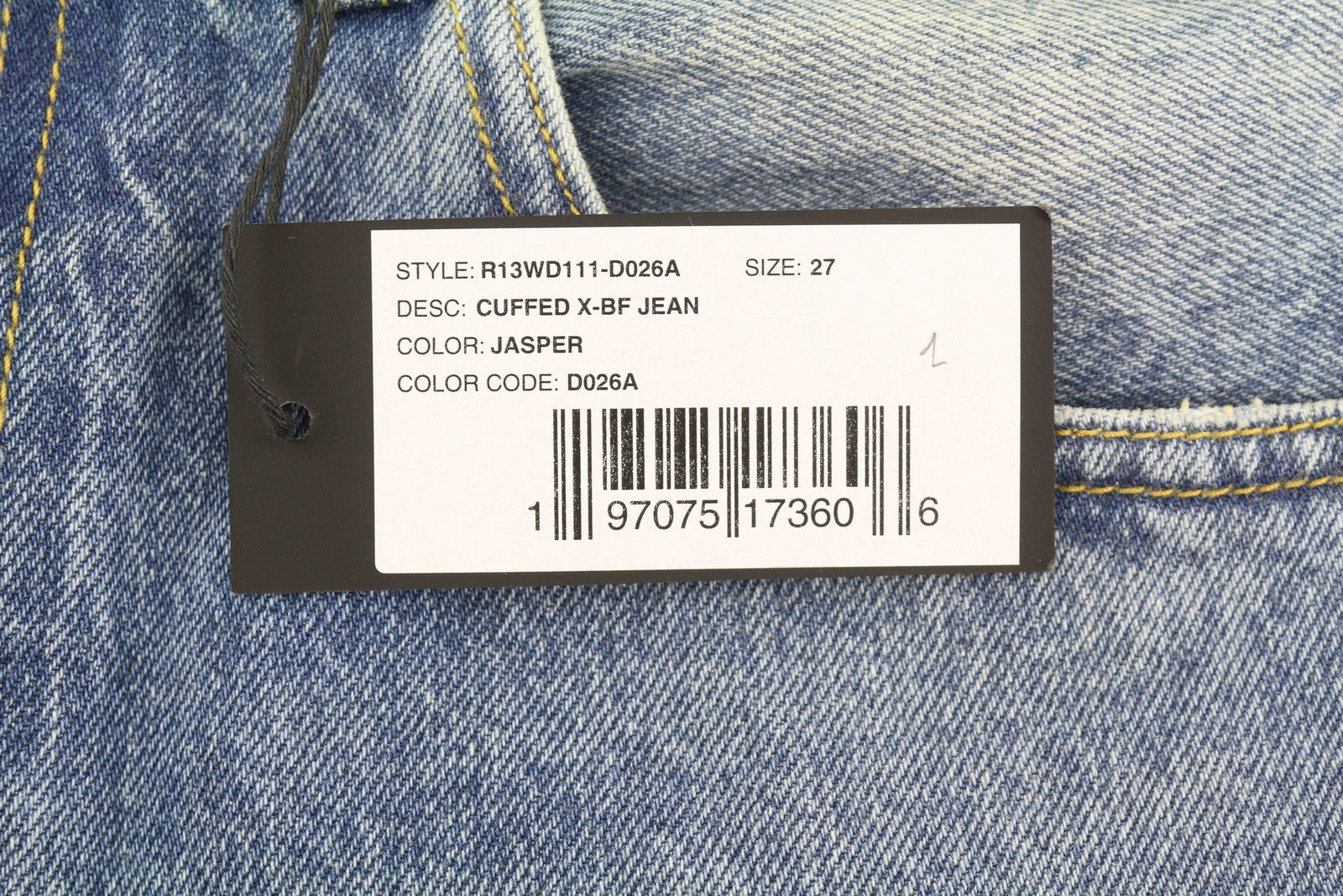 R13 Cuffed X-BF moteriški džinsai su rankogaliais 27 Jasper tiesaus kirpimo blukintos mėlynos spalvos džinsinis kelnės su užtrauktuku PF25 