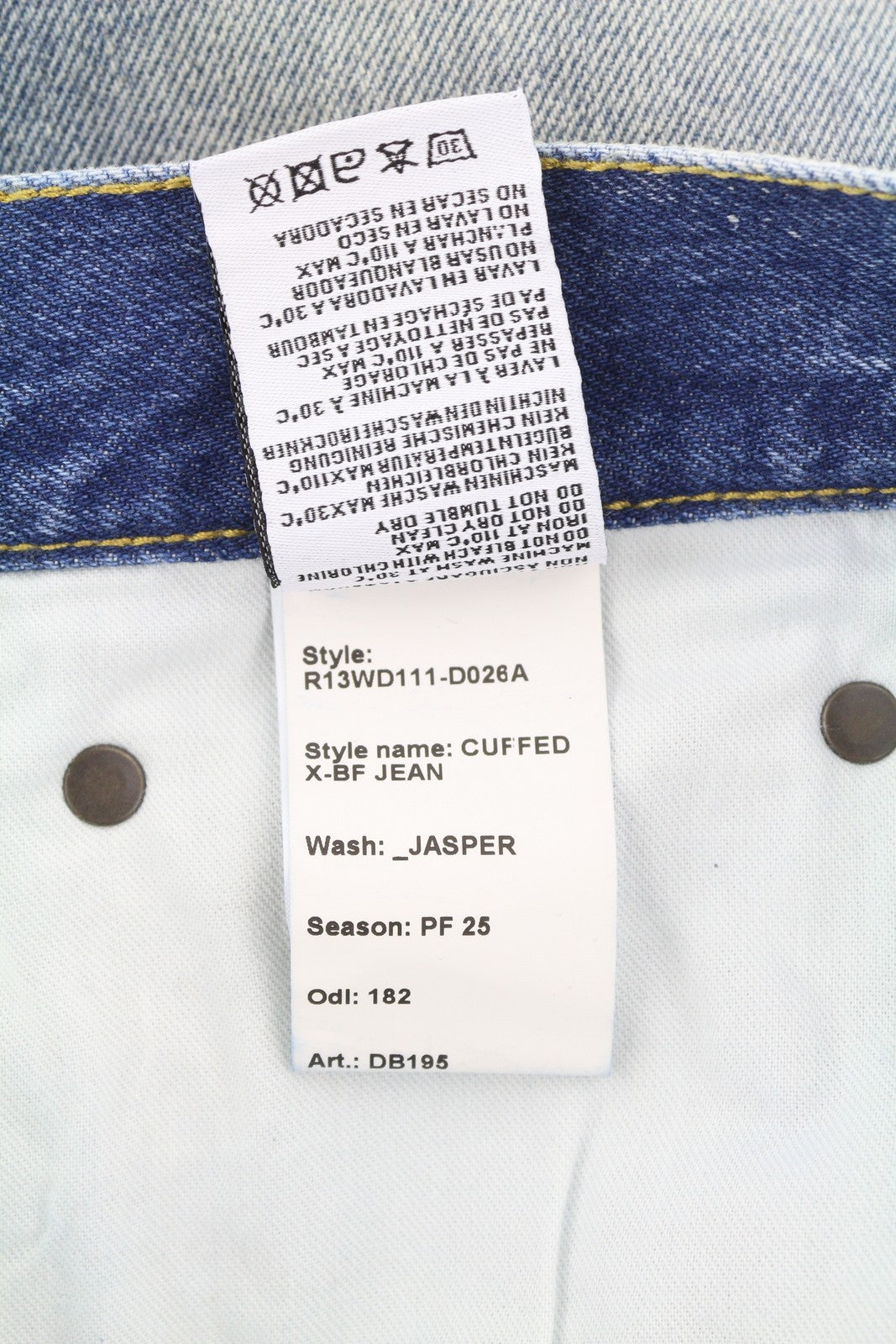 R13 Cuffed X-BF moteriški džinsai su rankogaliais 27 Jasper tiesaus kirpimo blukintos mėlynos spalvos džinsinis kelnės su užtrauktuku PF25 