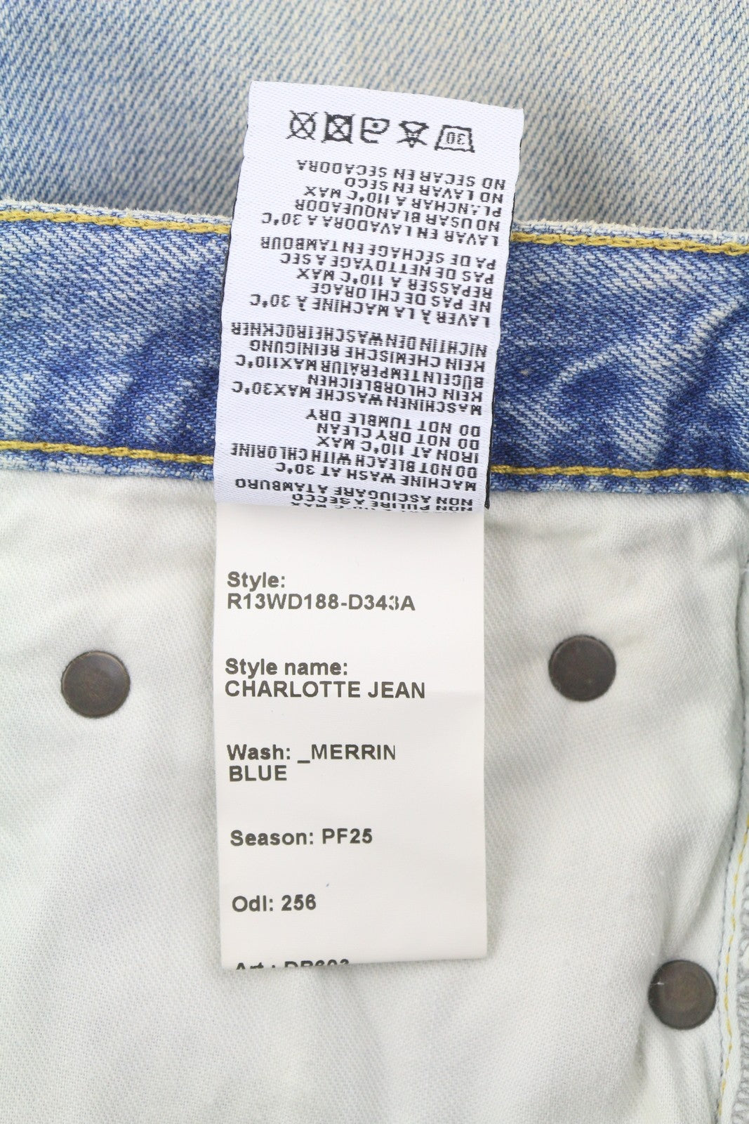 R13 Charlotte moteriški džinsai 28 Merrin mėlyni aukšta juostele, platėjančiomis klešnėmis, išblukintos PF25 RRP795 