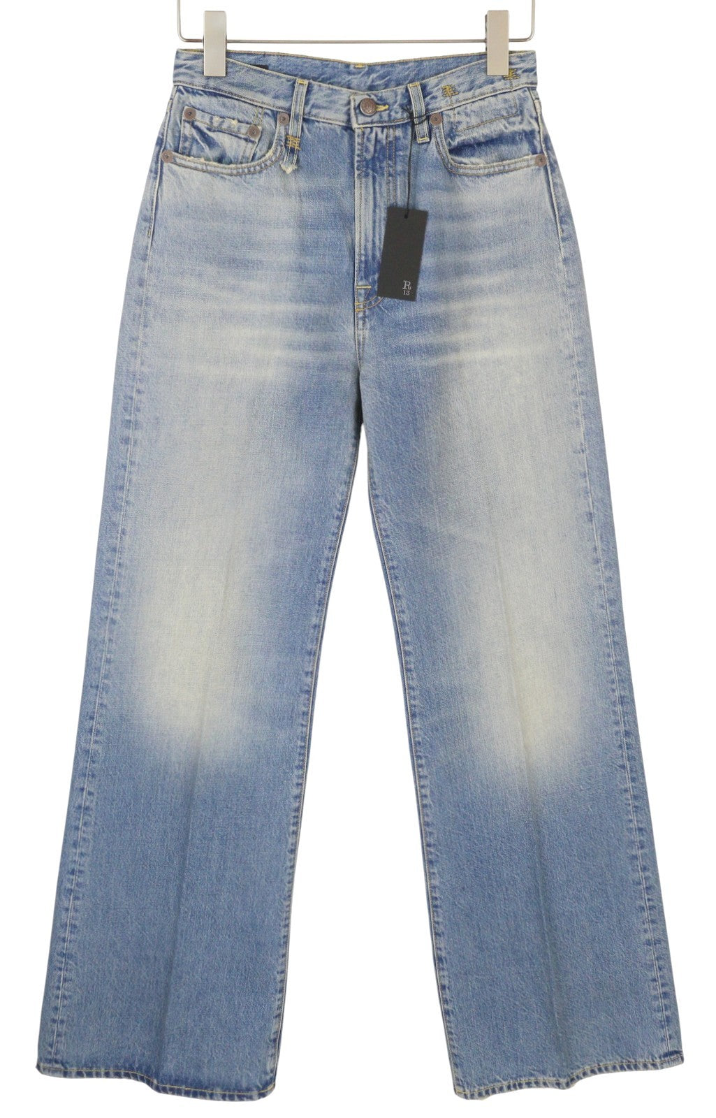 R13 Charlotte moteriški džinsai 28 Merrin mėlyni aukšta juostele, platėjančiomis klešnėmis, išblukintos PF25 RRP795 