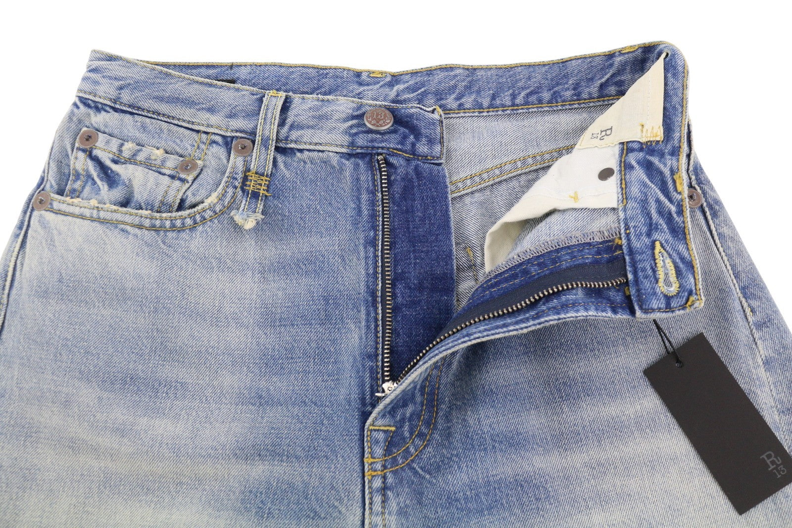 R13 Charlotte moteriški džinsai 28 Merrin mėlyni aukšta juostele, platėjančiomis klešnėmis, išblukintos PF25 RRP795 