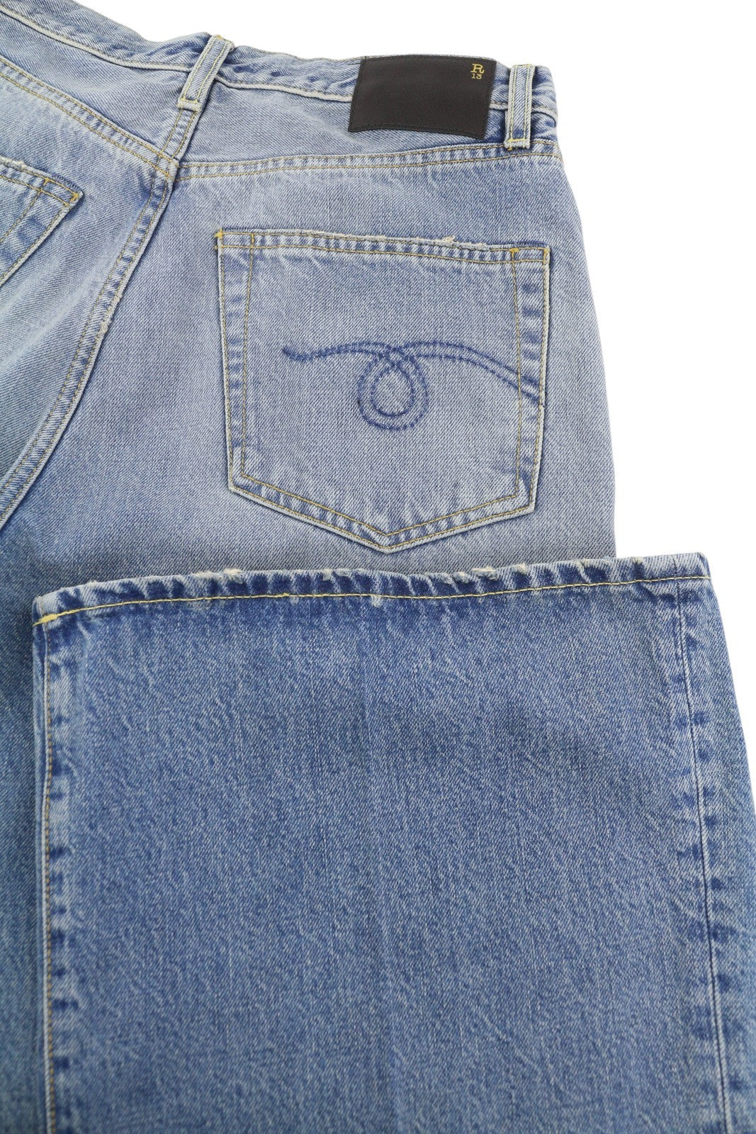 R13 Charlotte moteriški džinsai 28 Merrin mėlyni aukšta juostele, platėjančiomis klešnėmis, išblukintos PF25 RRP795 