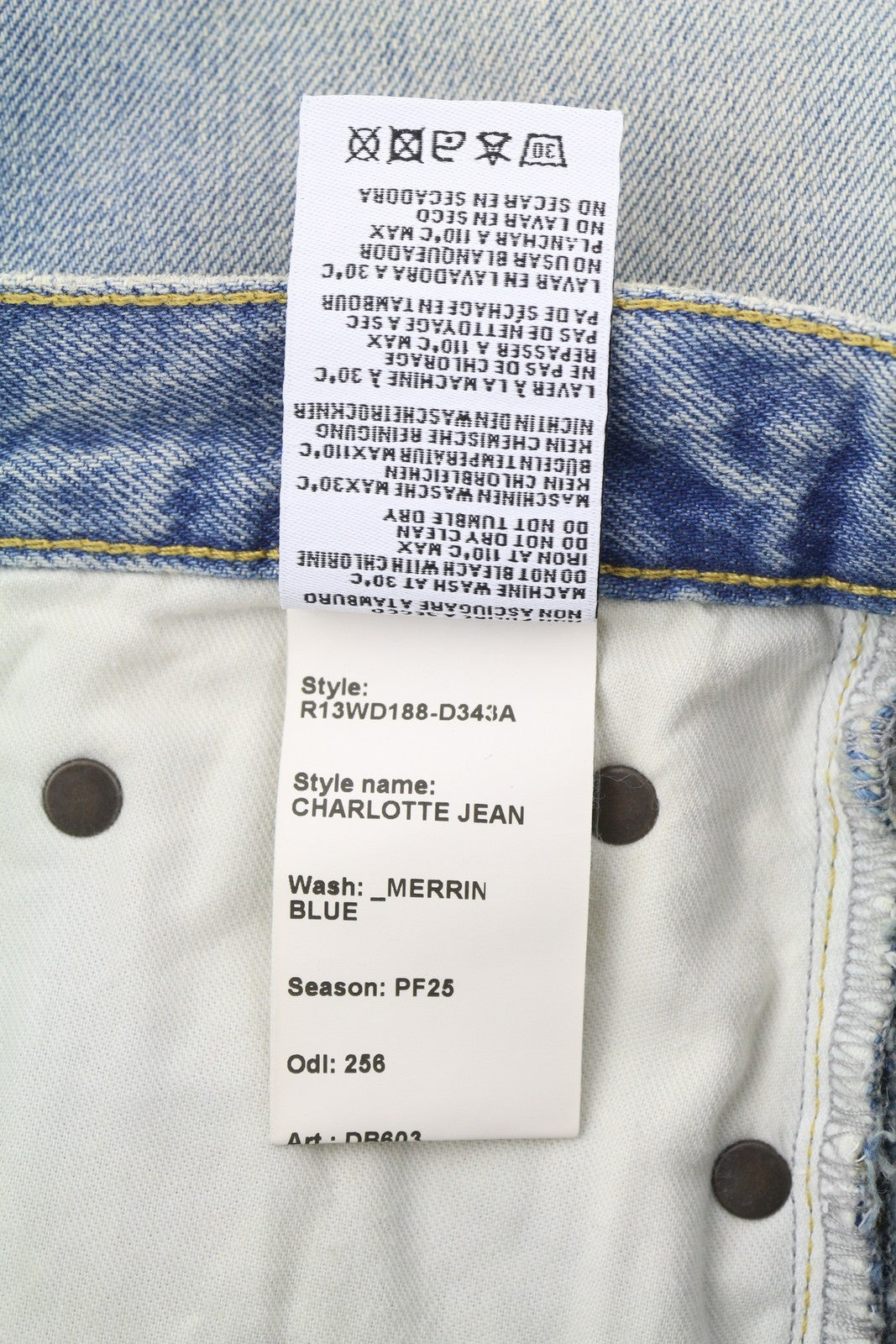 R13 Charlotte moteriški džinsai 24 Merrin mėlyni aukšta juostele, platėjančiomis klešnėmis, išblukintos PF25 RRP795 