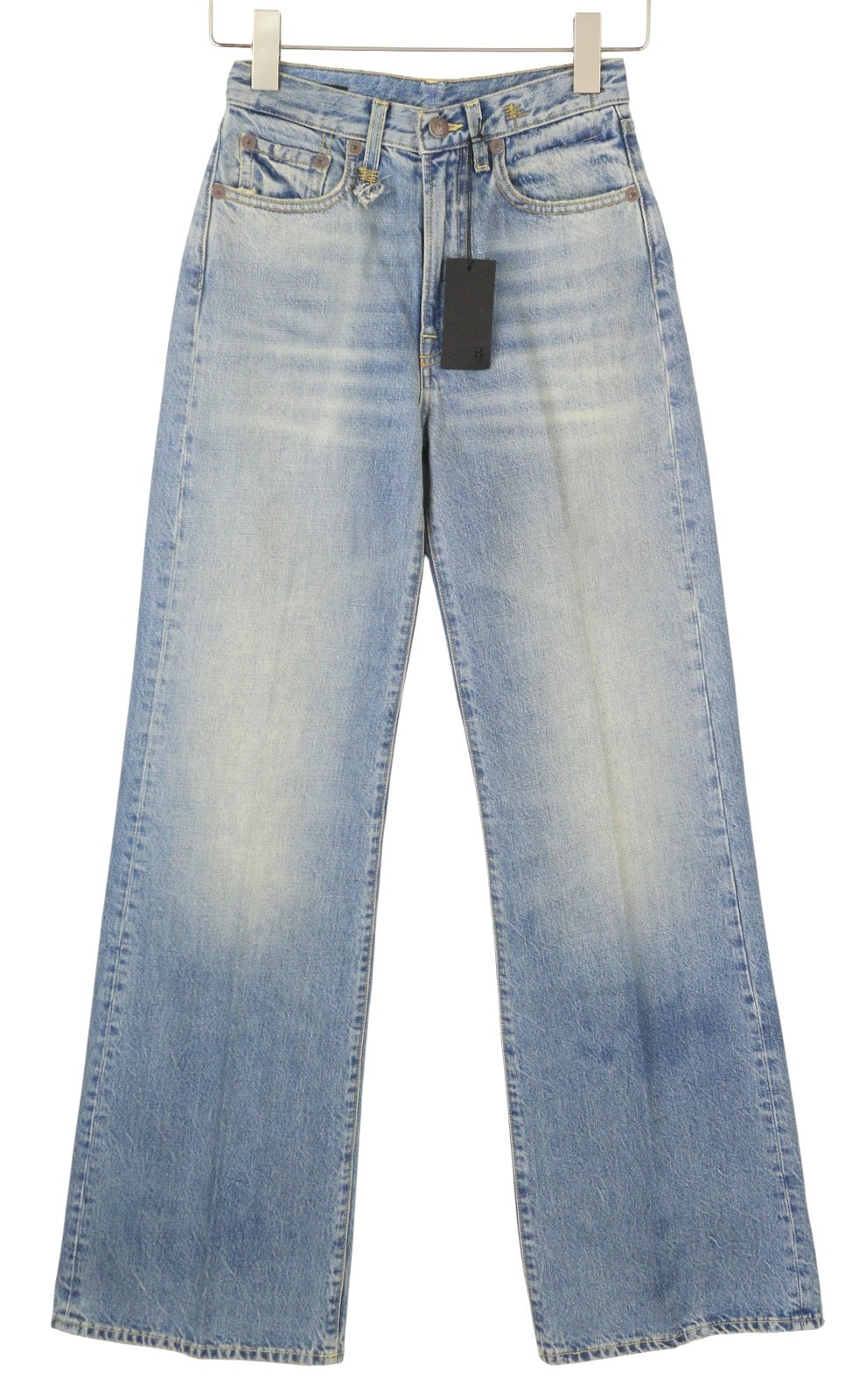 R13 Charlotte moteriški džinsai 24 Merrin mėlyni aukšta juostele, platėjančiomis klešnėmis, išblukintos PF25 RRP795 