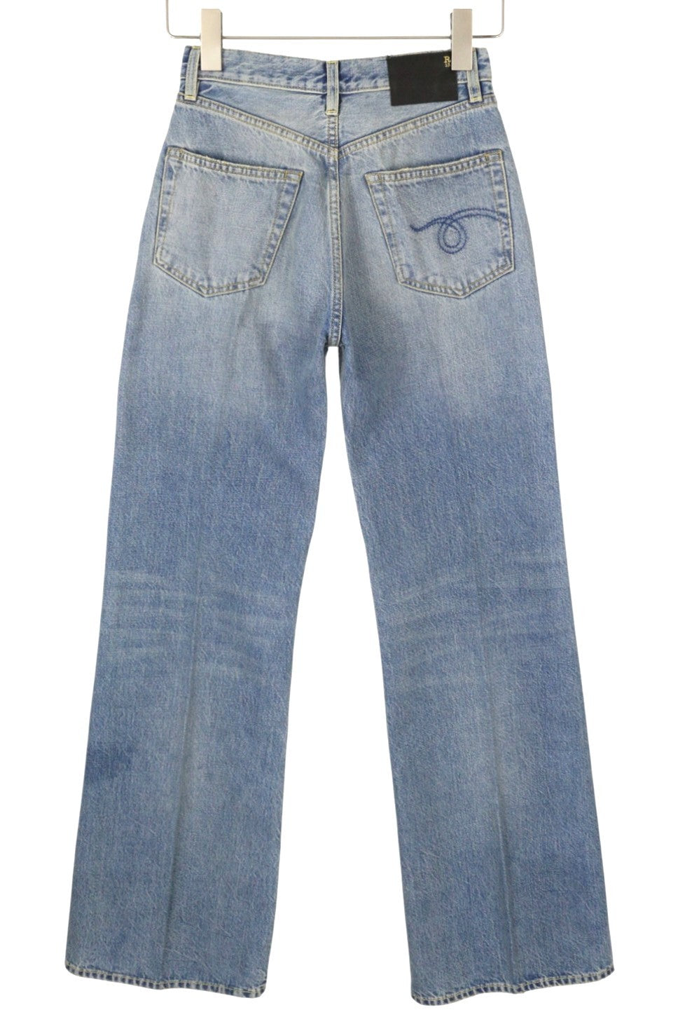 R13 Charlotte moteriški džinsai 24 Merrin mėlyni aukšta juostele, platėjančiomis klešnėmis, išblukintos PF25 RRP795 