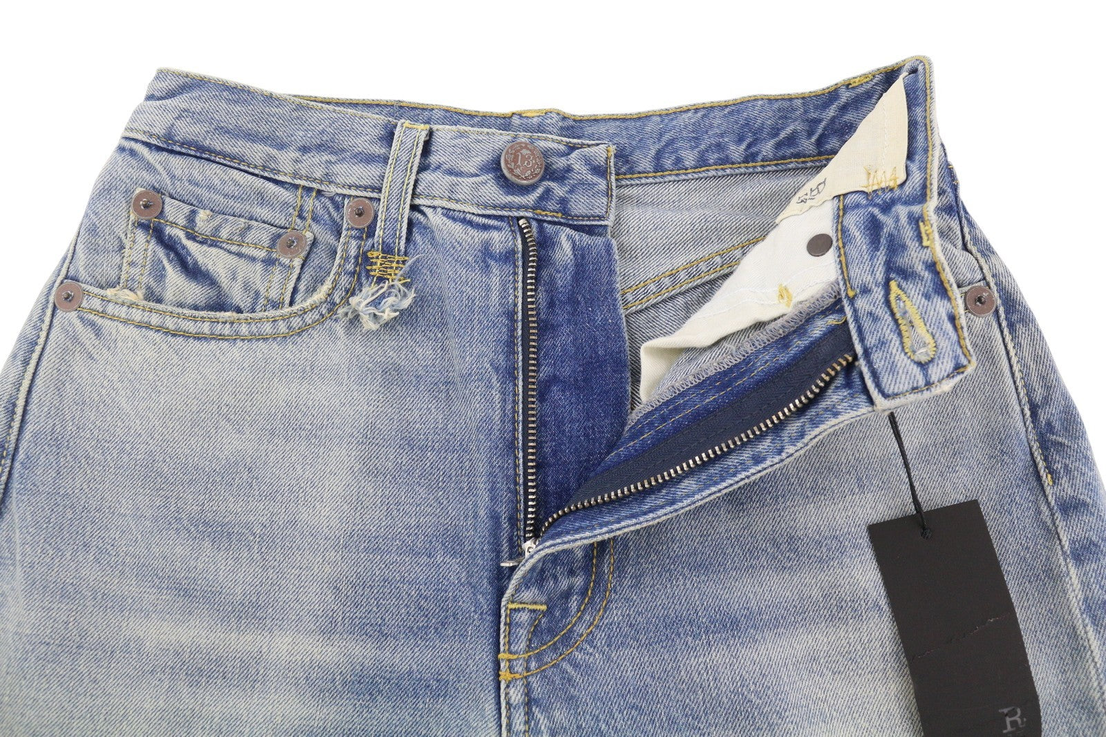 R13 Charlotte moteriški džinsai 24 Merrin mėlyni aukšta juostele, platėjančiomis klešnėmis, išblukintos PF25 RRP795 