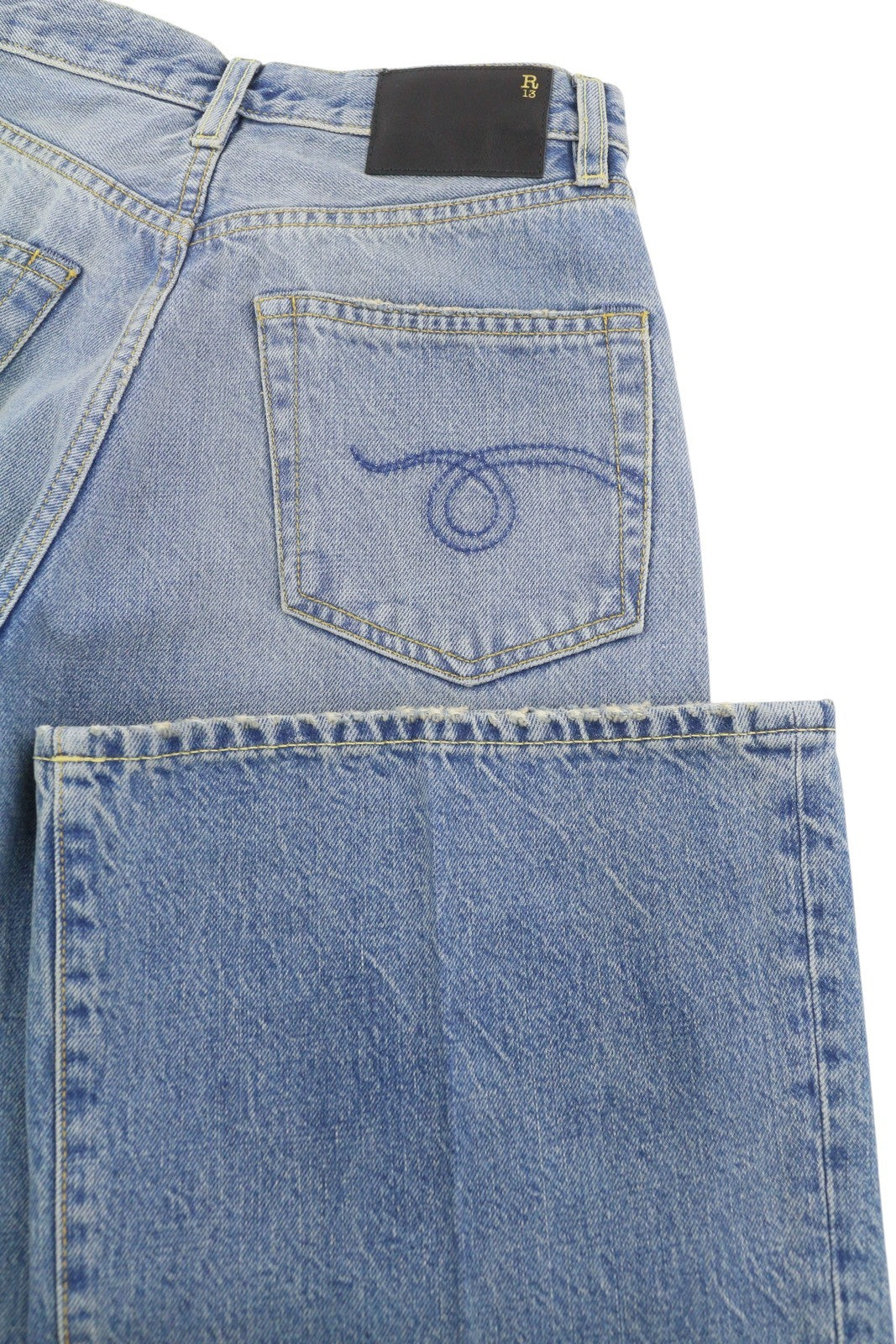 R13 Charlotte moteriški džinsai 24 Merrin mėlyni aukšta juostele, platėjančiomis klešnėmis, išblukintos PF25 RRP795 