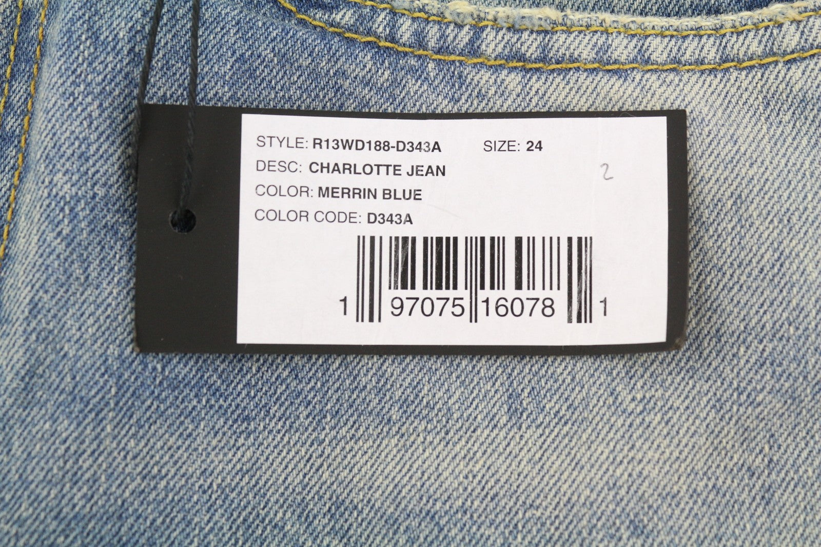 R13 Charlotte moteriški džinsai 24 Merrin mėlyni aukšta juostele, platėjančiomis klešnėmis, išblukintos PF25 RRP795 