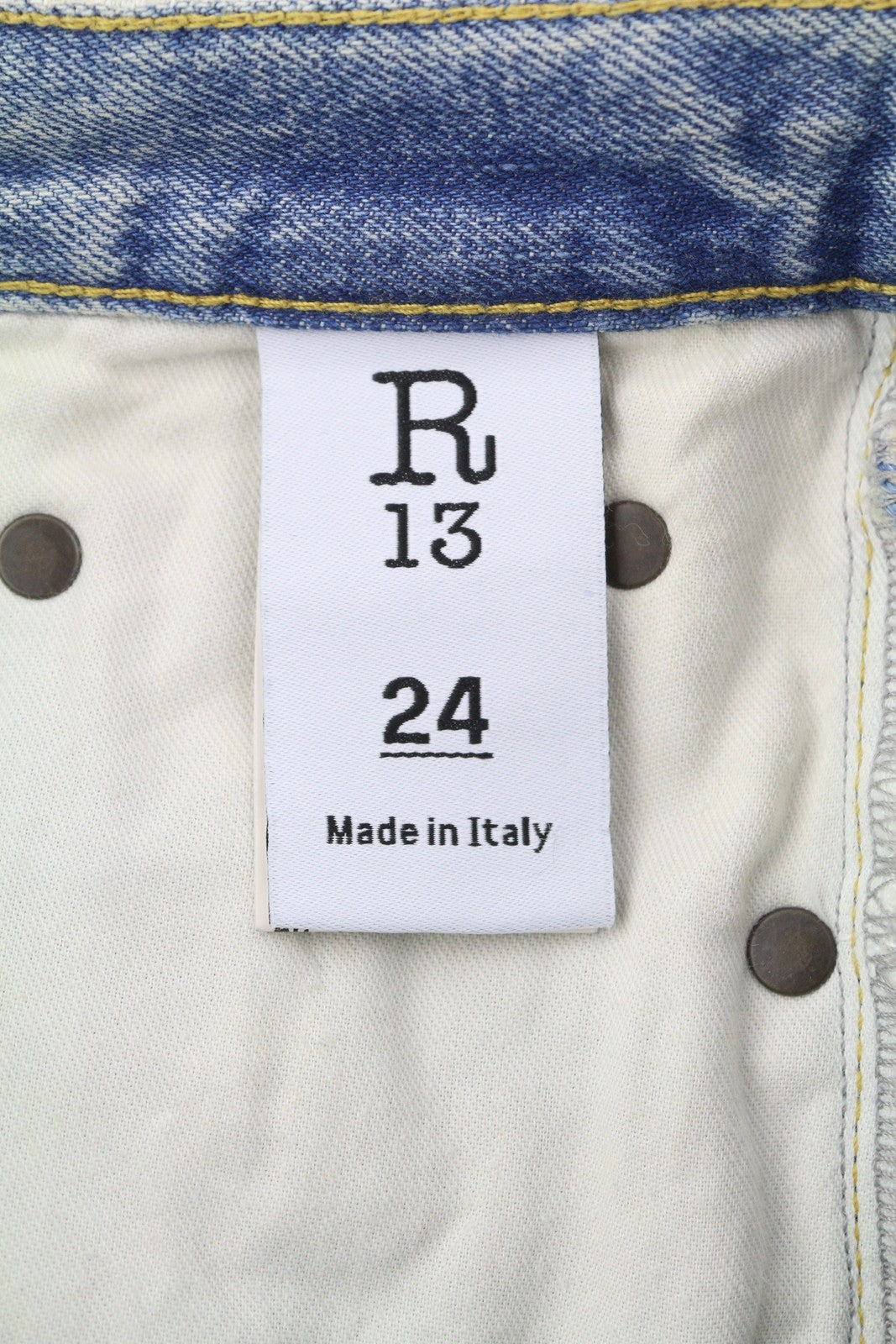 R13 Charlotte moteriški džinsai 24 Merrin mėlyni aukšta juostele, platėjančiomis klešnėmis, išblukintos PF25 RRP795 