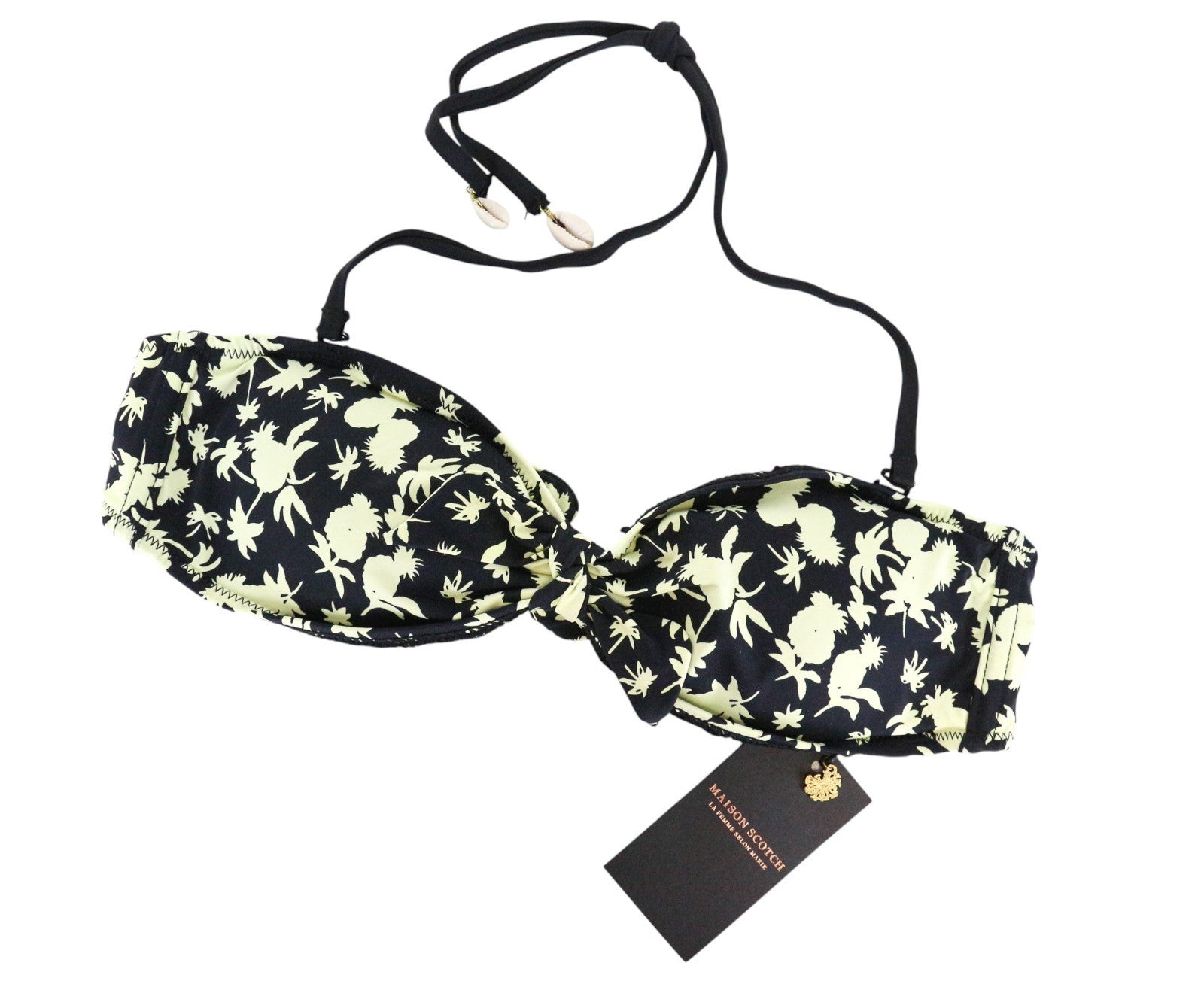 MAISON SCOTCH Women's Bikini Top XS/S Black Pattern Twisted Bandeau Swimwear