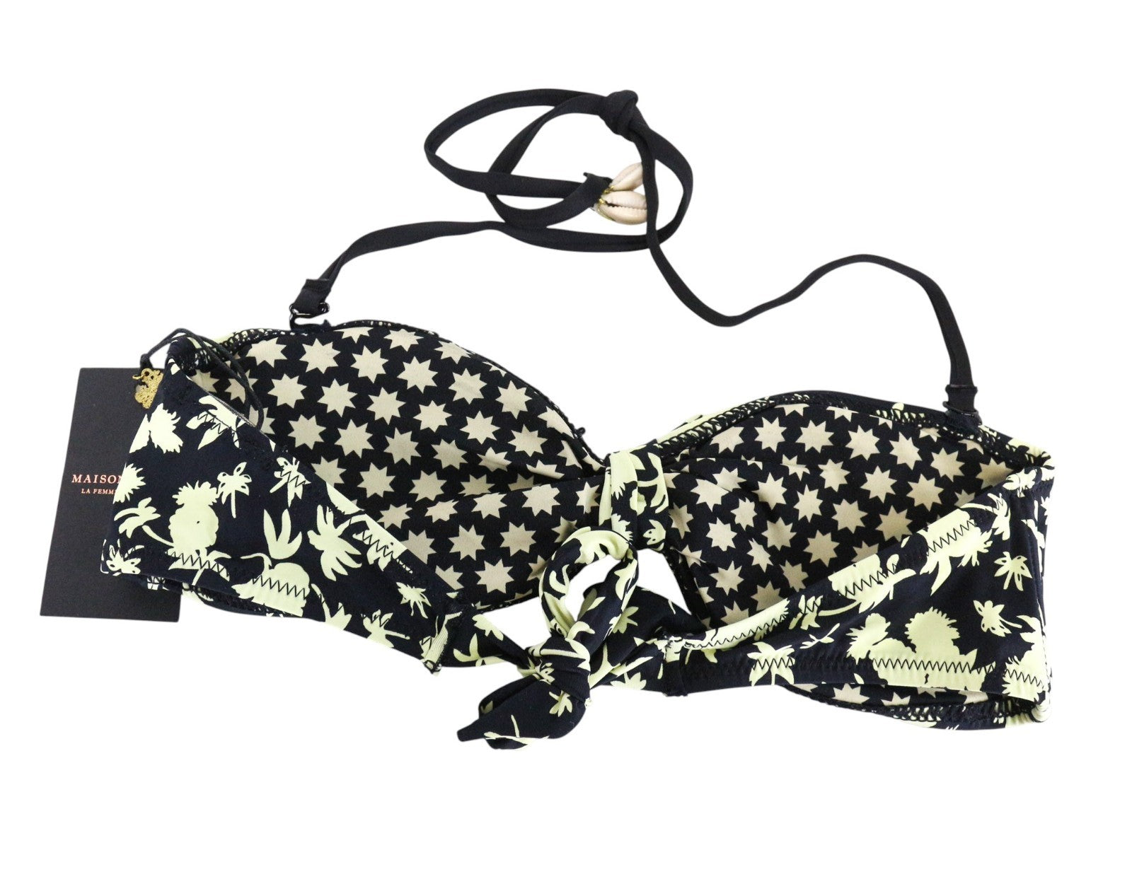 MAISON SCOTCH Women's Bikini Top XS/S Black Pattern Twisted Bandeau Swimwear