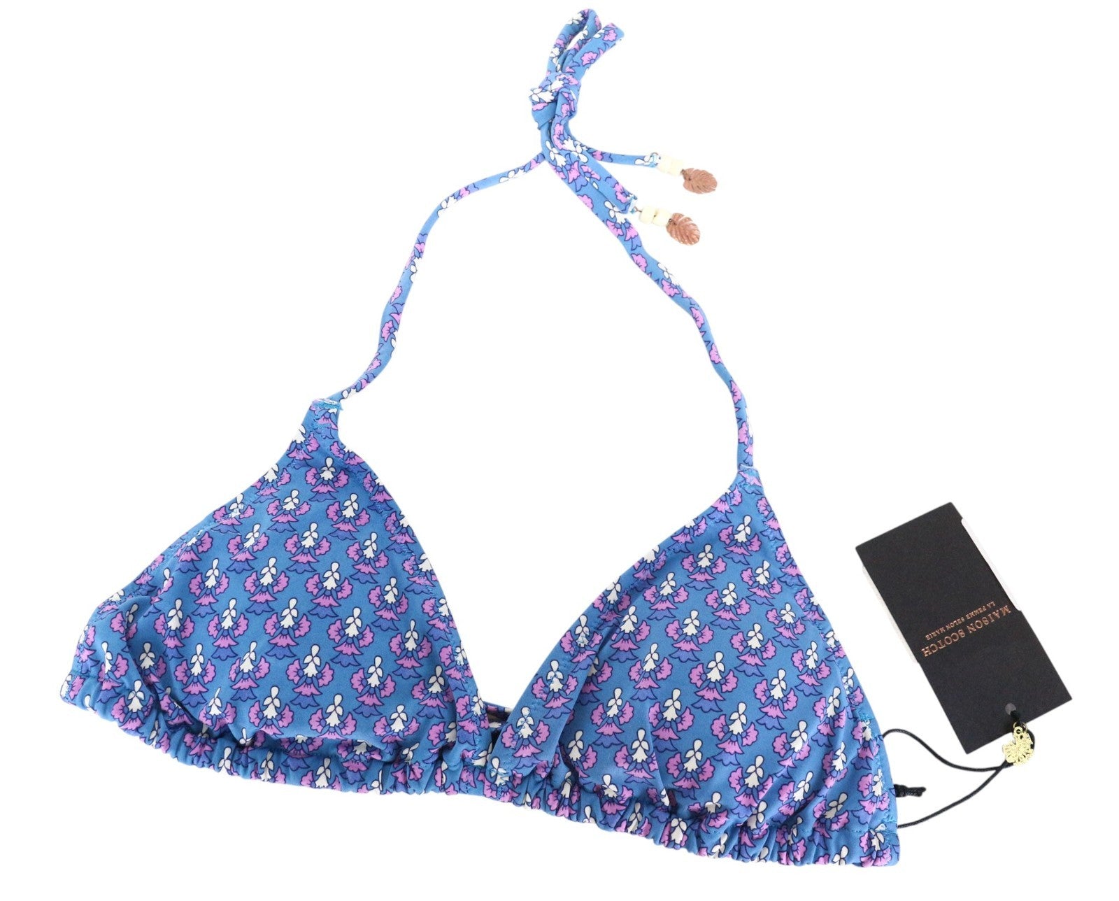 MAISON SCOTCH Women's Swim Top XS/S Blue Pattern Triangle Tied Bikini Swim