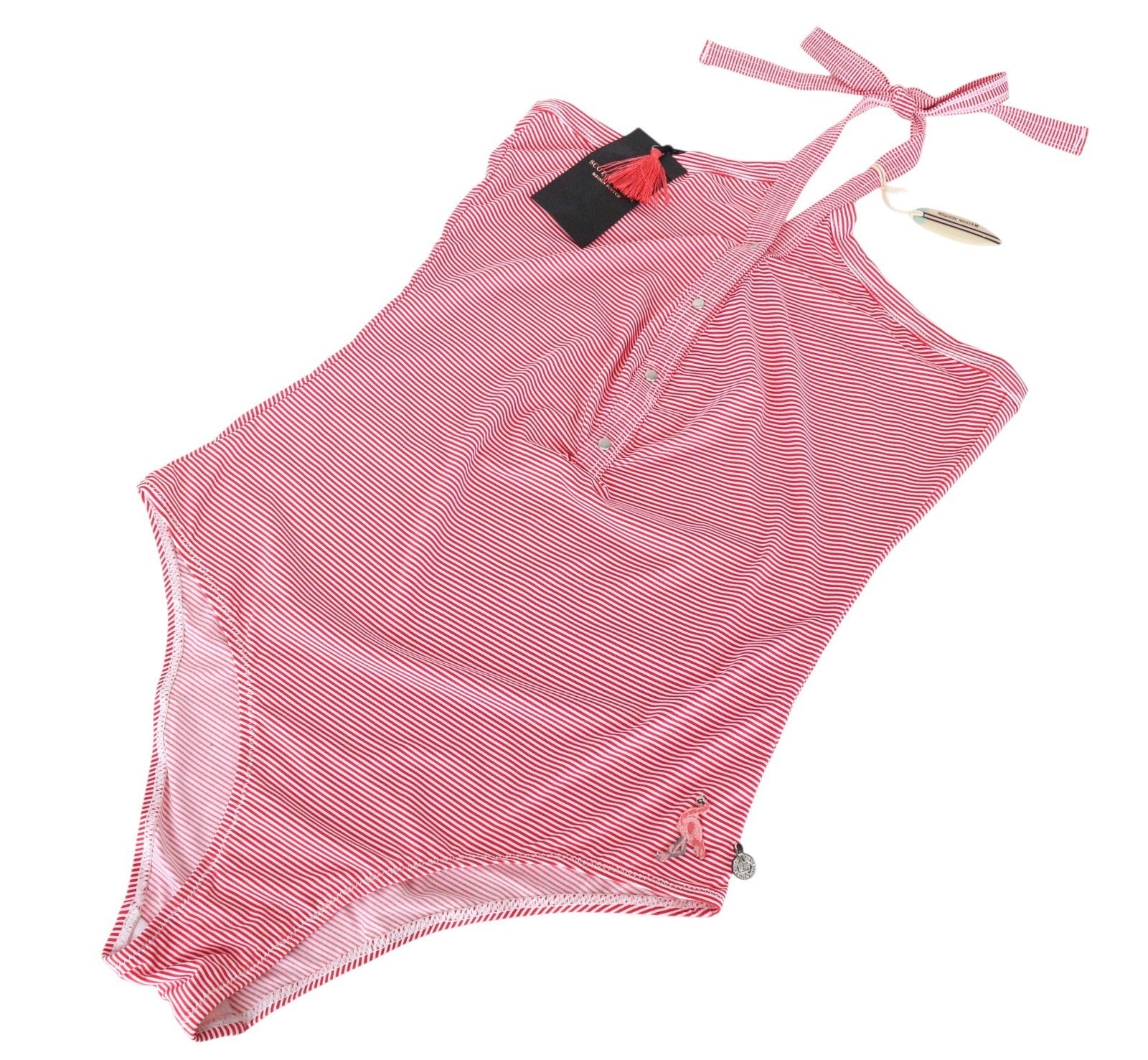 MAISON SCOTCH moteriškas vientisas maudymosi kostiumėlis S raudonas baltas dryžuotas su petnešėlėmis 