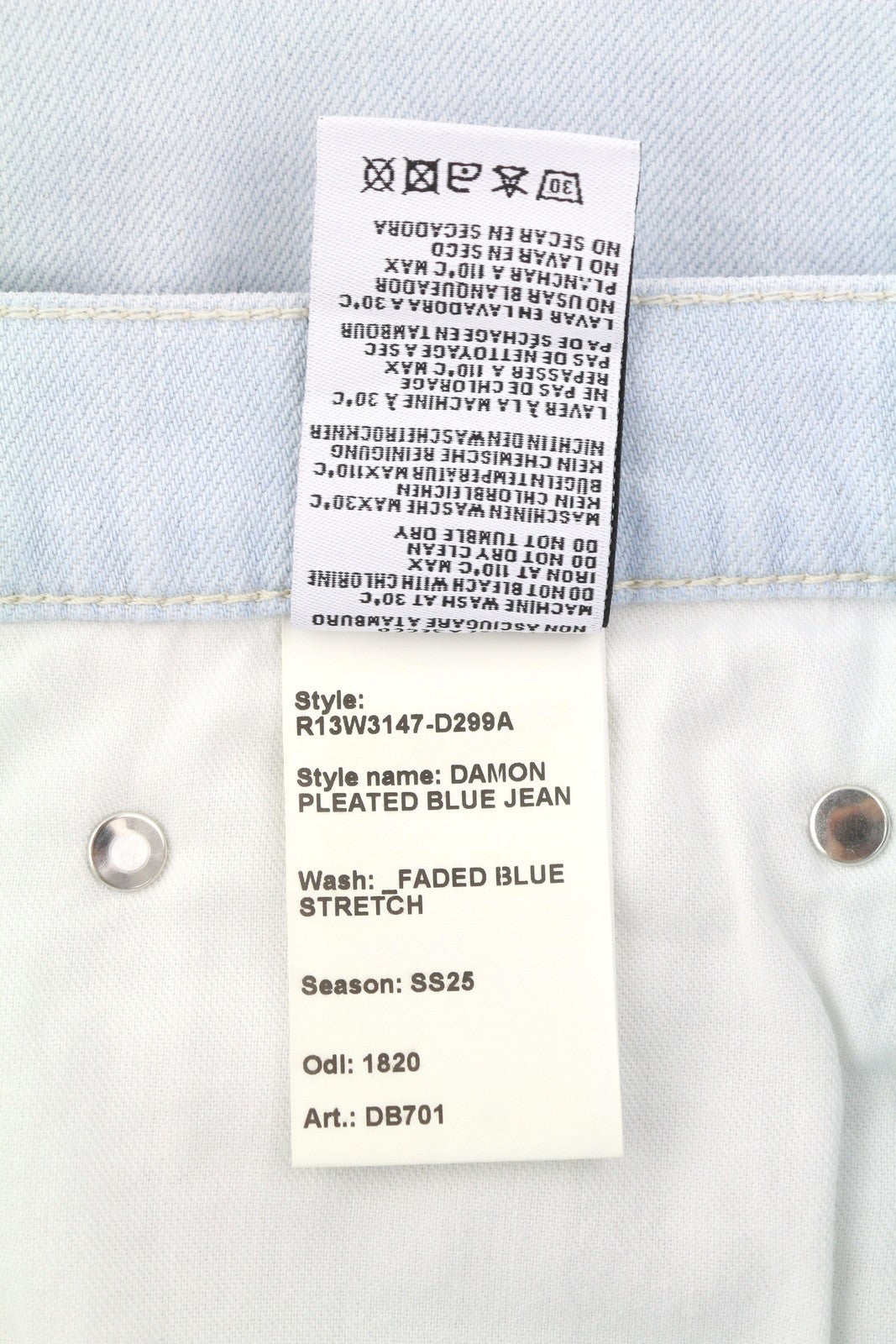 R13 Damon klostuoti mėlyni moteriški džinsai 27 išblukintos mėlynos spalvos, tamprūs, plačios klešnės, SS25 RRP860 