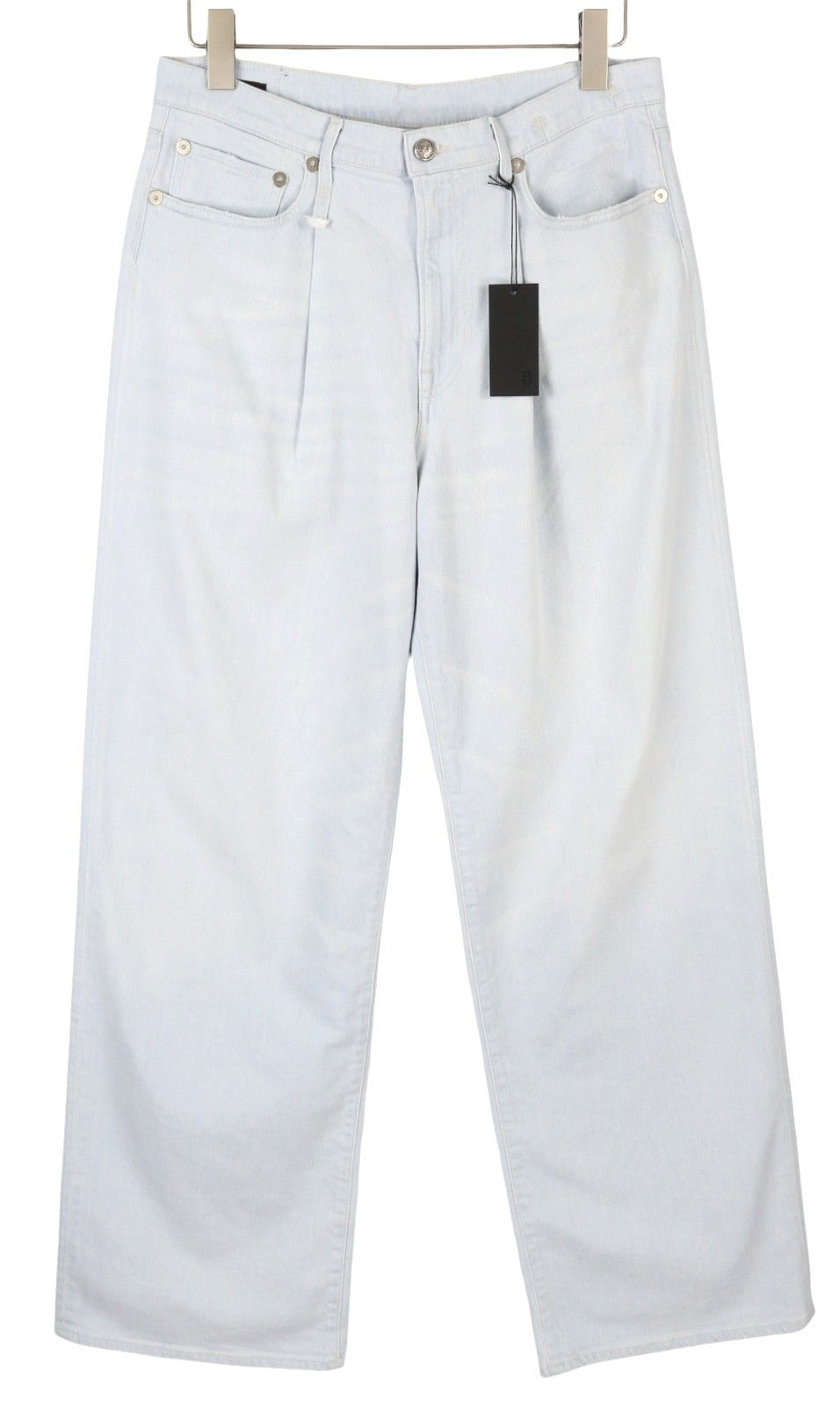 R13 Damon klostuoti mėlyni moteriški džinsai 27 išblukintos mėlynos spalvos, tamprūs, plačios klešnės, SS25 RRP860 