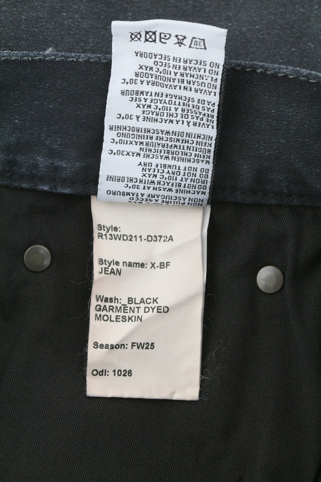 R13 X-BF Women Jeans 24 Black Garment Dyed Moleskin Faded Cropped Ankle FW25