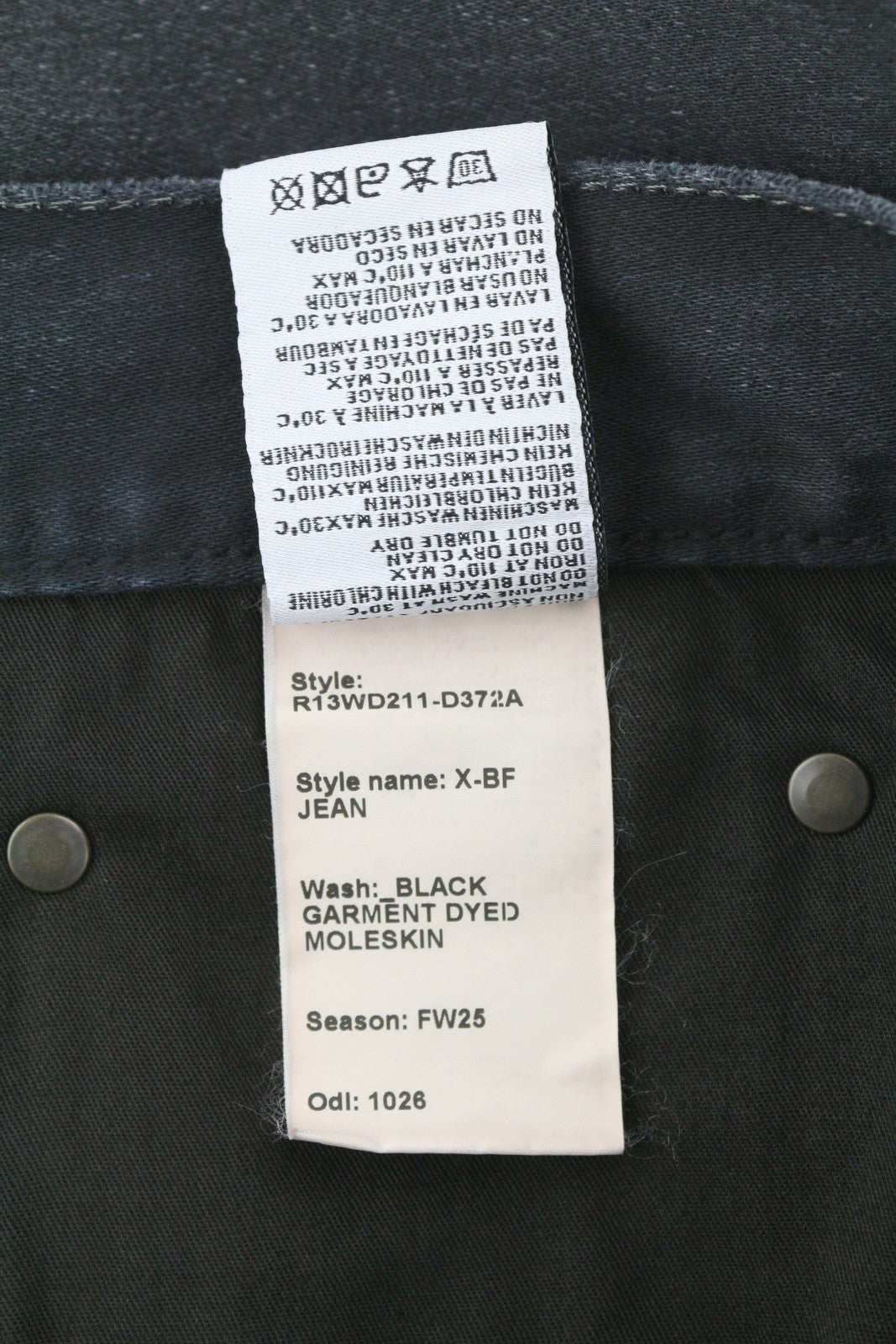 R13 X-BF moteriški džinsai, 30 dydžio, juodi, dažyti moleskino imitacijos, išblukinti, trumpinti iki kulkšnies, FW25 