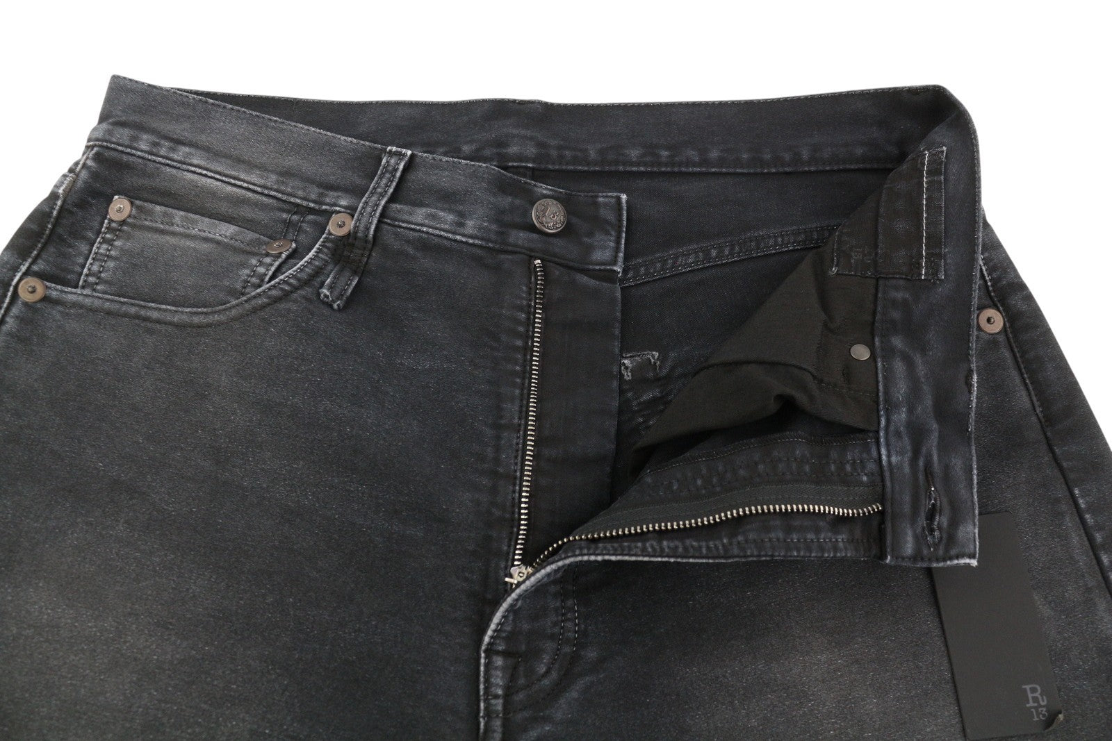 R13 X-BF moteriški džinsai, 29, juodi, dažyti moleskino imitacijos, išblukinti, trumpinti iki kulkšnies, FW25 