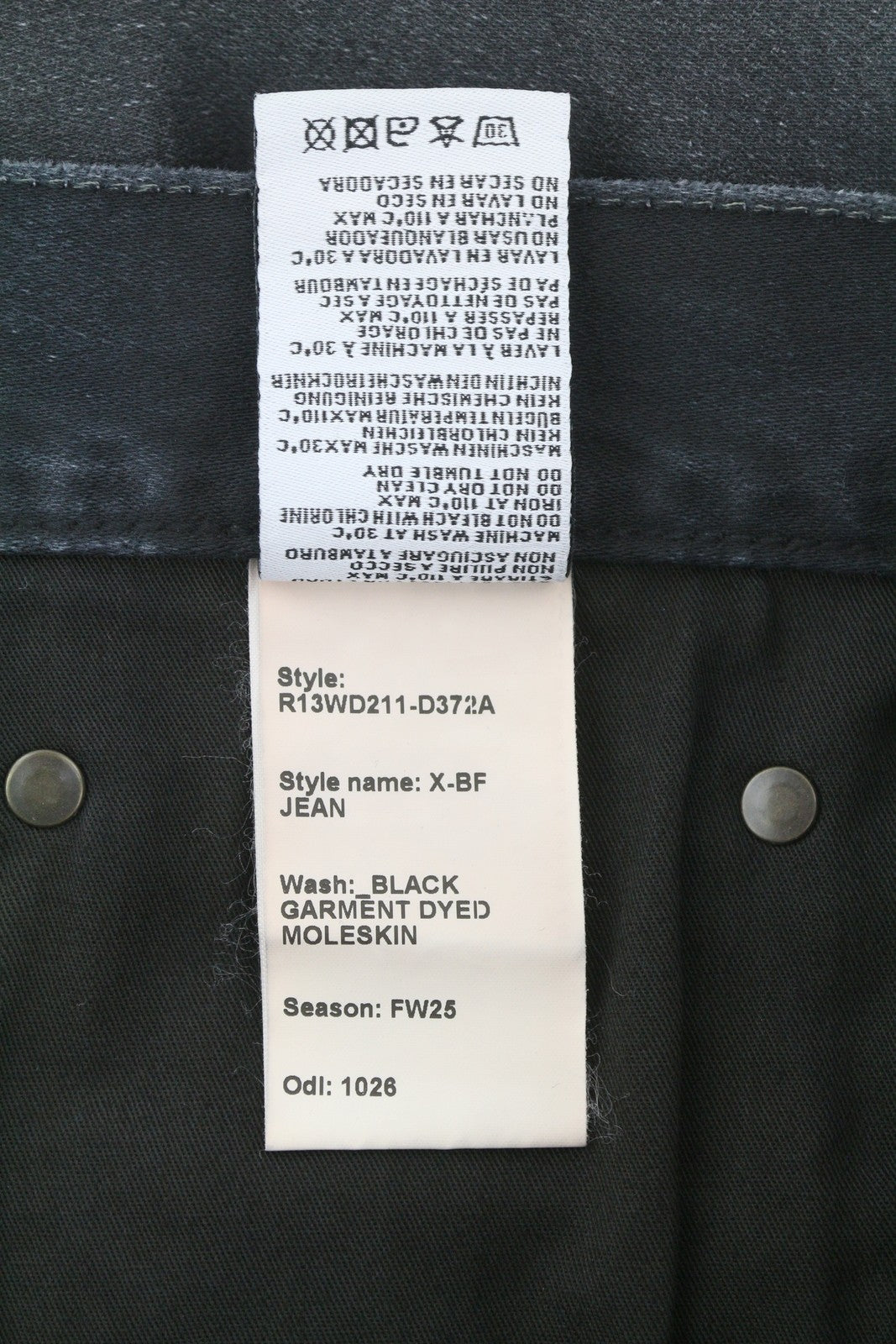 R13 X-BF moteriški džinsai, 29, juodi, dažyti moleskino imitacijos, išblukinti, trumpinti iki kulkšnies, FW25 