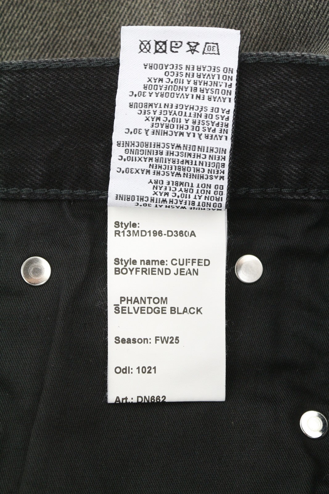 R13 Cuffed Boyfriend Men Jeans 30 Phantom Selvedge Black Limited Edition FW25