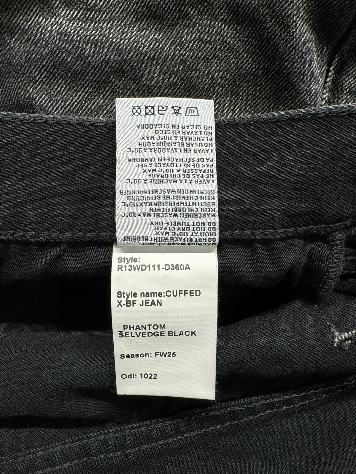 R13 Cuffed X-BF moteriški džinsai 28 Phantom Selvedge Black Limited Edition Faded FW25 