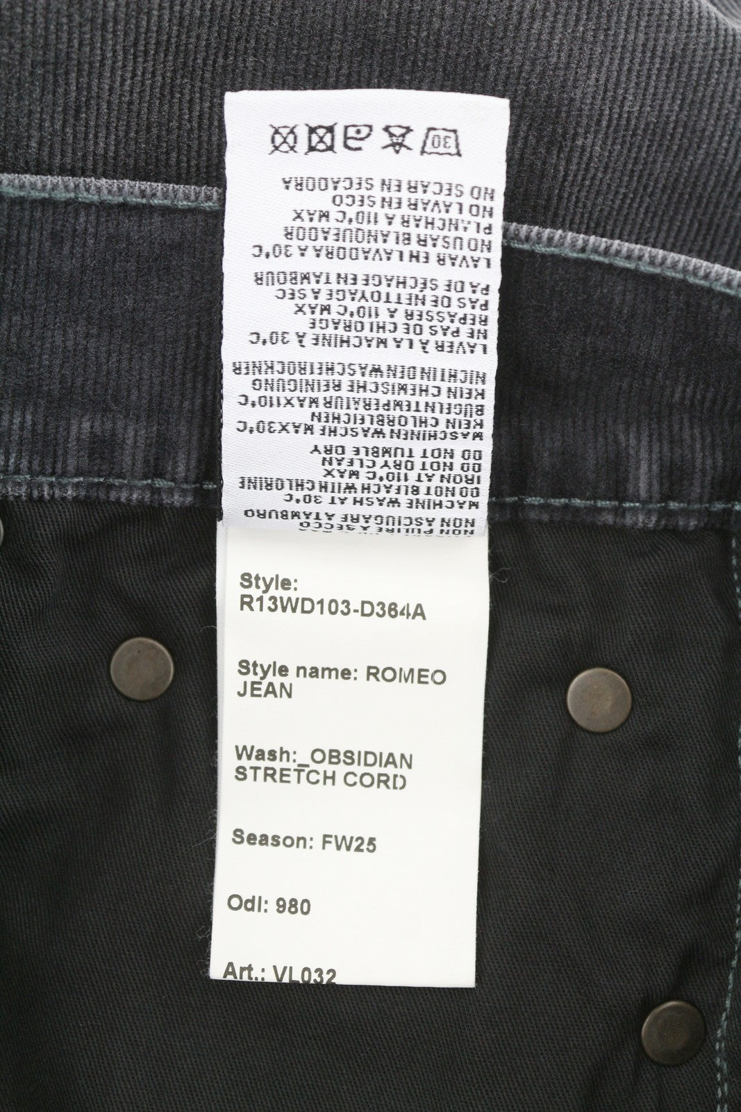 R13 Romeo moteriškos kelnės 24 Obsidian tamprios virvelės tiesaus kirpimo su užtrauktuku FW25 RRP599 