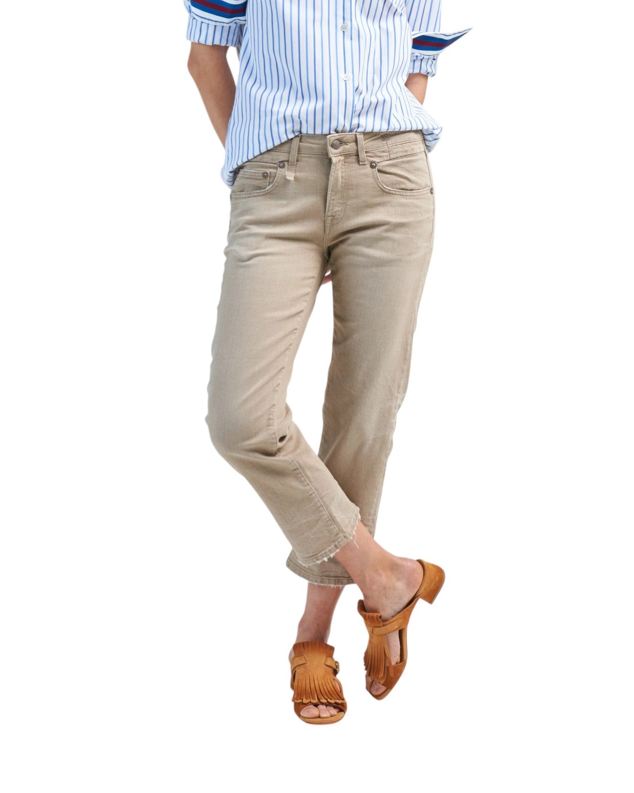 R13 Boy Straight Women Jeans 30 Sand Stretch Faded Cropped Ankle Length RRP549