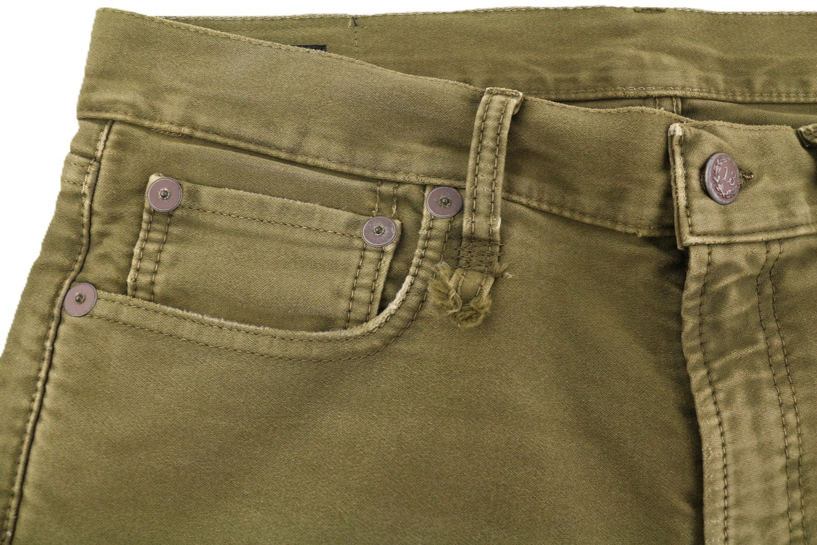 R13 Boyfriend moteriškos kelnės 29 alyvuogių spalvos dažyta moleskine su išblukusiu užtrauktuku iki kulkšnies FW25 