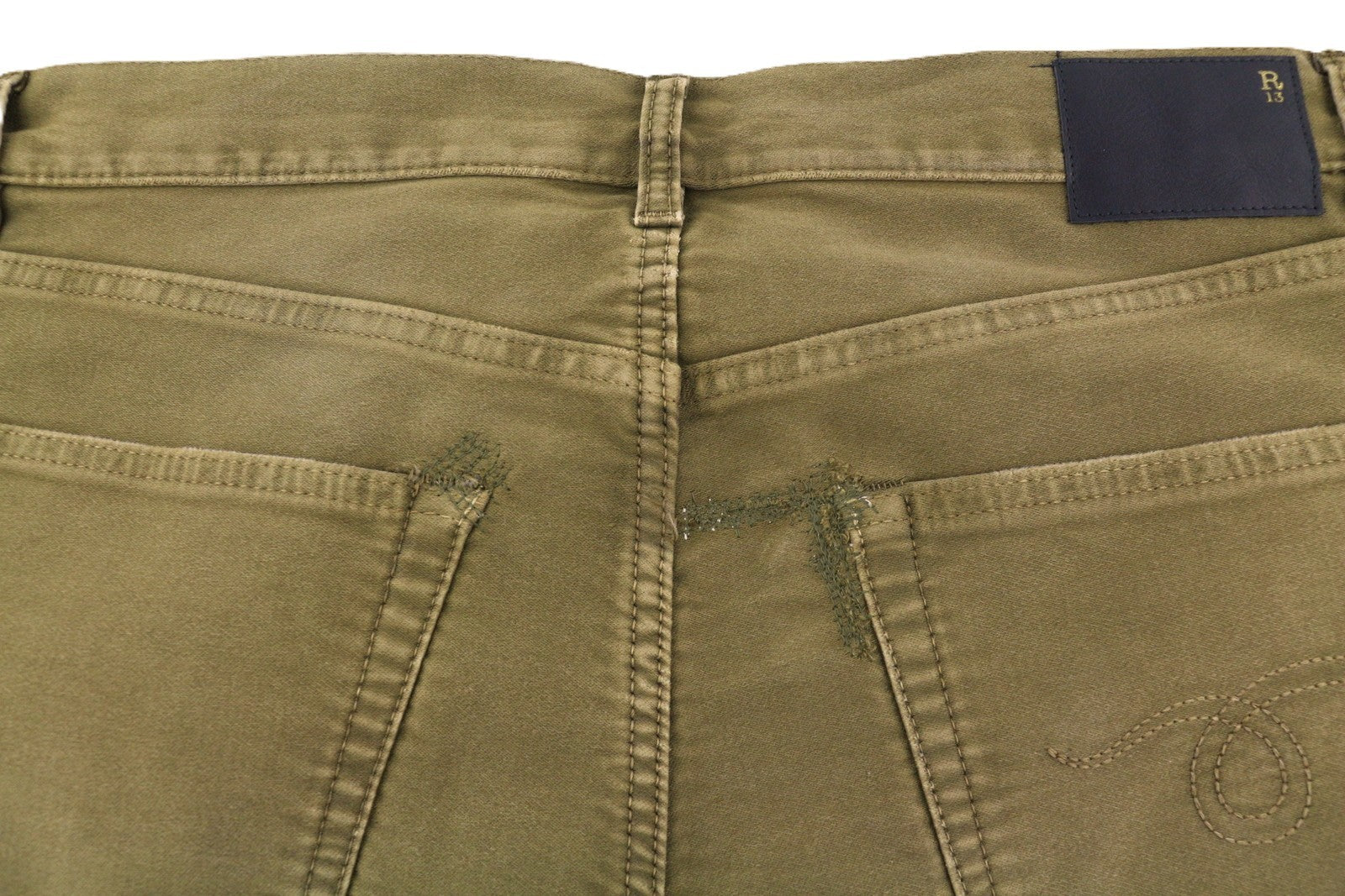 R13 Boyfriend moteriškos kelnės 29 alyvuogių spalvos dažyta moleskine su išblukusiu užtrauktuku iki kulkšnies FW25 