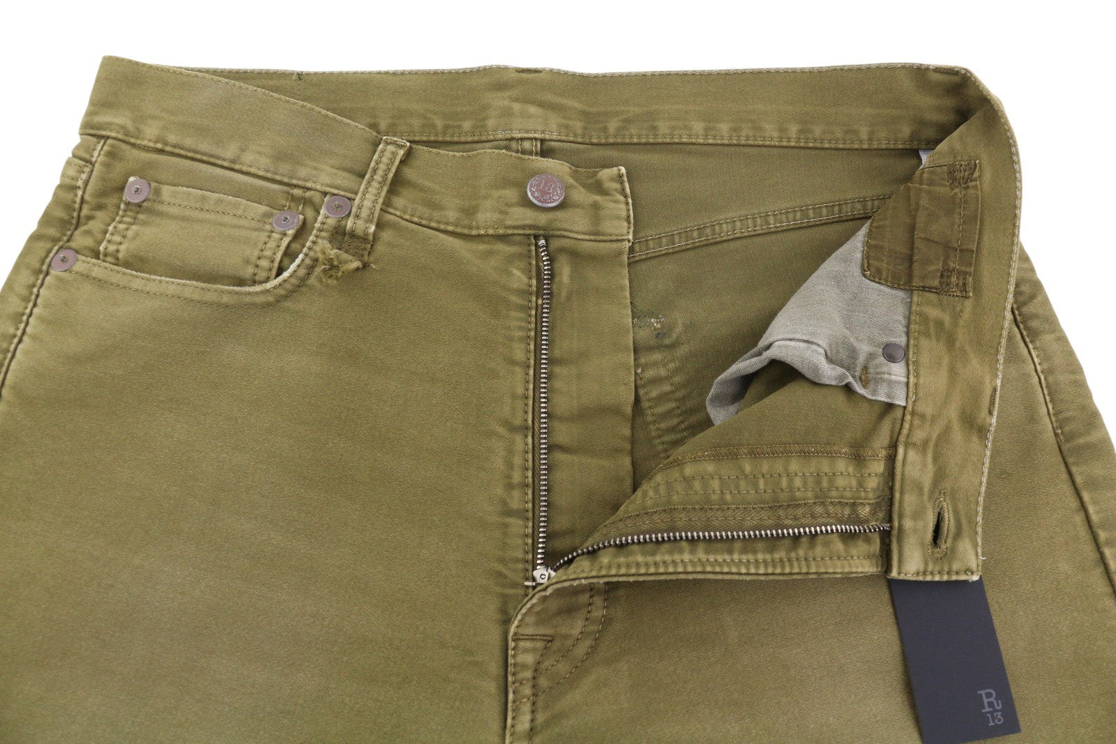 R13 Boyfriend moteriškos kelnės 29 alyvuogių spalvos dažyta moleskine su išblukusiu užtrauktuku iki kulkšnies FW25 