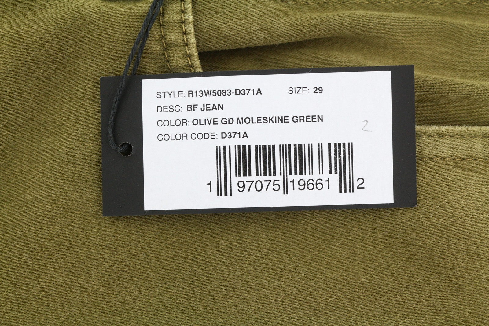 R13 Boyfriend moteriškos kelnės 29 alyvuogių spalvos dažyta moleskine su išblukusiu užtrauktuku iki kulkšnies FW25 