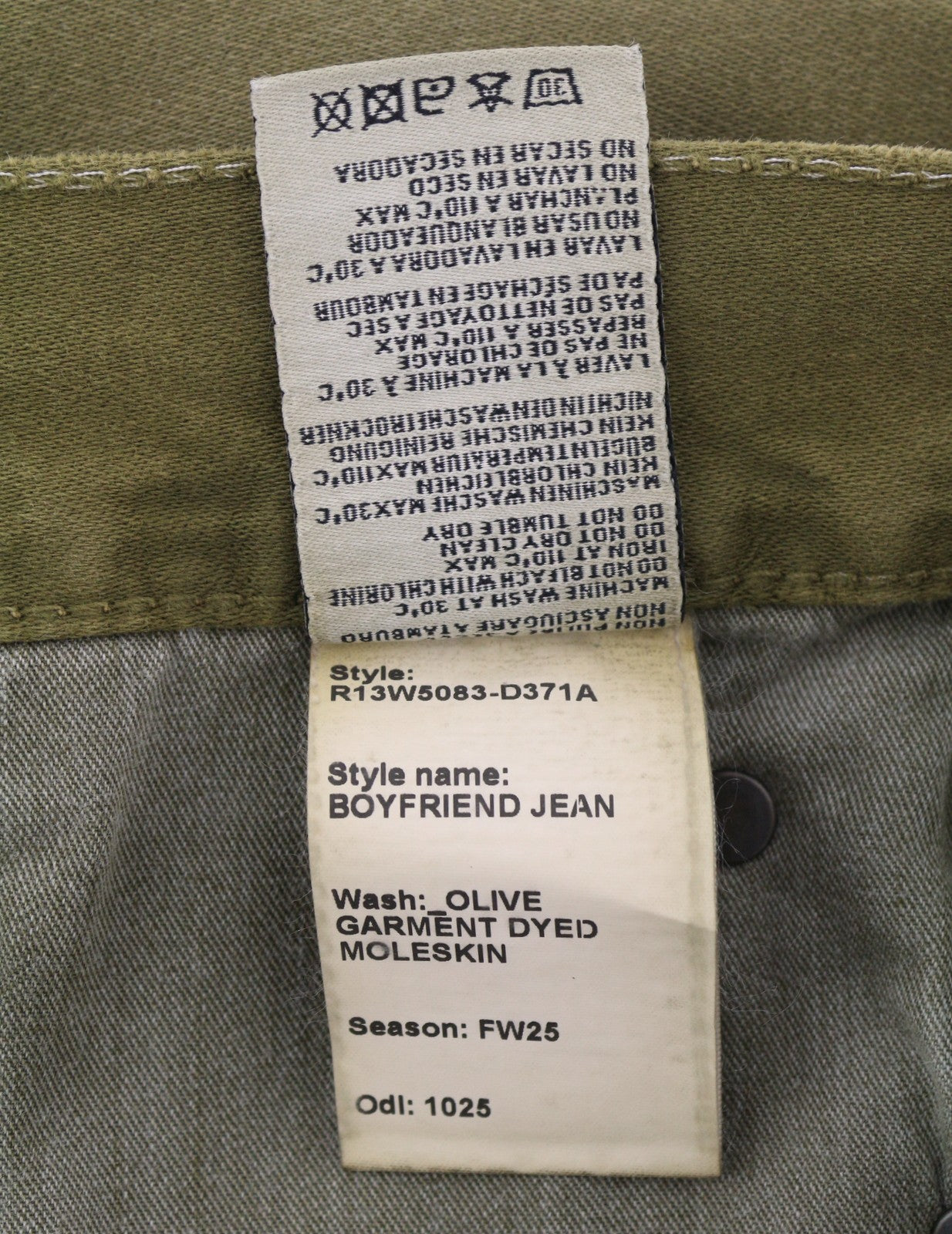 R13 Boyfriend moteriškos kelnės 29 alyvuogių spalvos dažyta moleskine su išblukusiu užtrauktuku iki kulkšnies FW25 