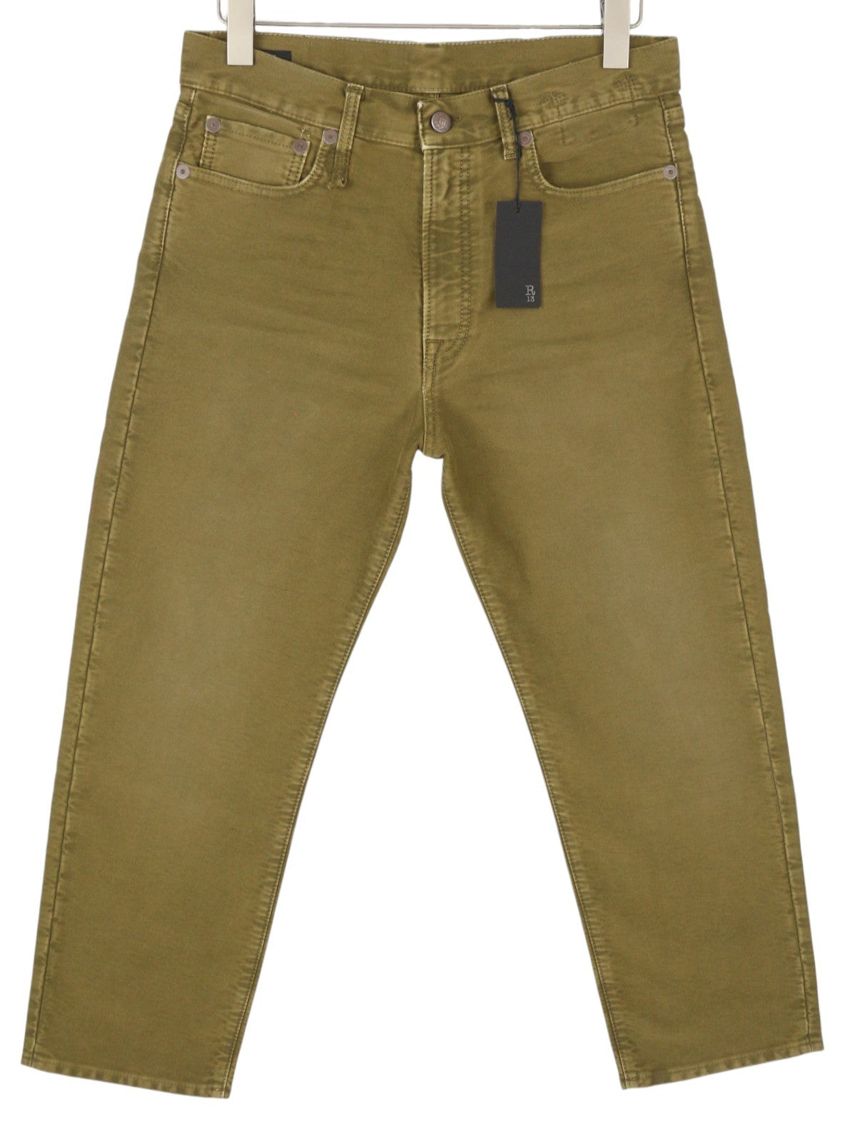 R13 Boyfriend moteriškos kelnės 27 alyvuogių spalvos dažyta moleskine su išblukusiu užtrauktuku iki kulkšnies FW25 