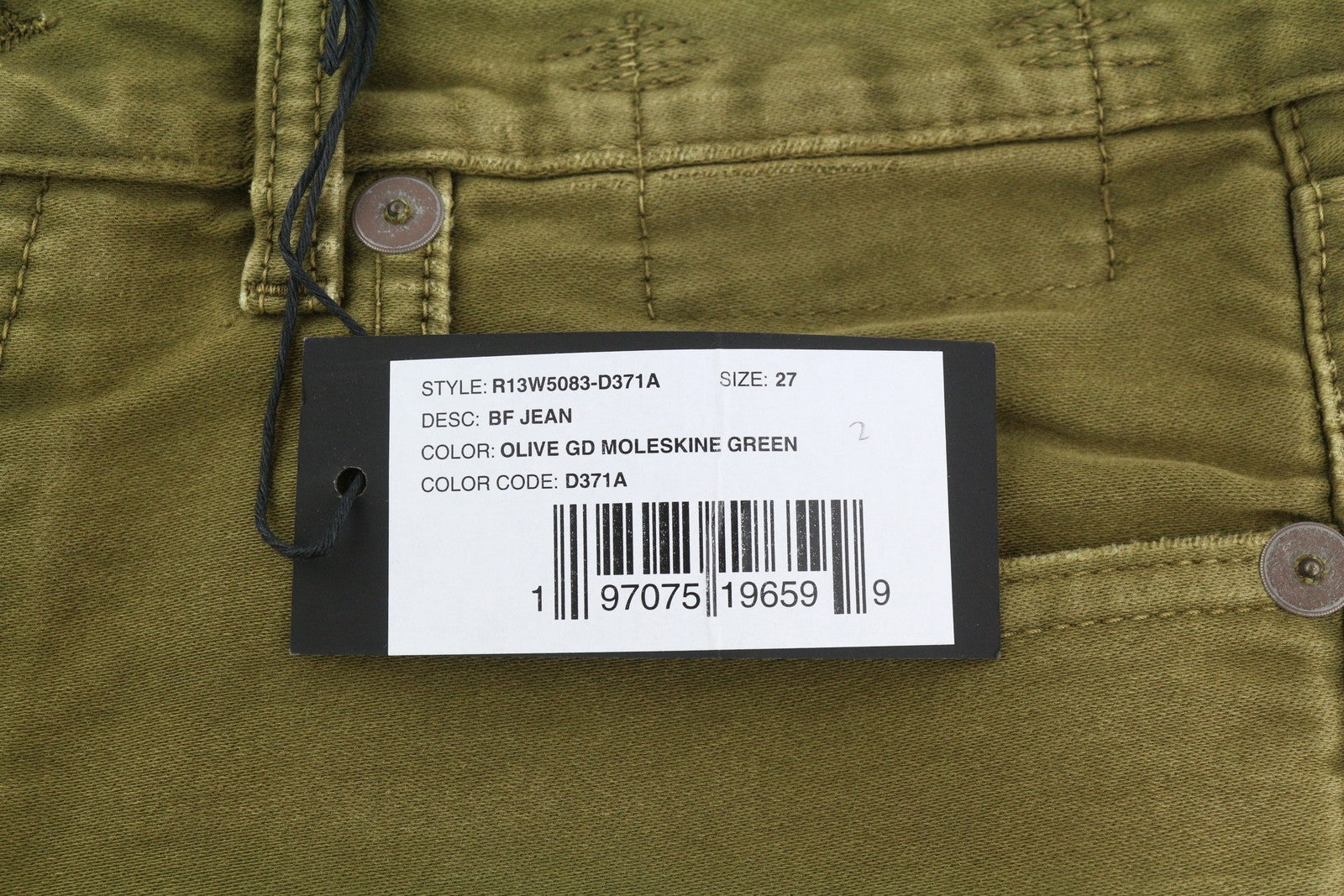 R13 Boyfriend moteriškos kelnės 27 alyvuogių spalvos dažyta moleskine su išblukusiu užtrauktuku iki kulkšnies FW25 