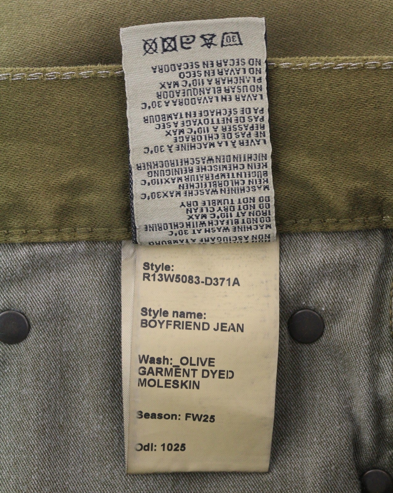 R13 Boyfriend moteriškos kelnės 27 alyvuogių spalvos dažyta moleskine su išblukusiu užtrauktuku iki kulkšnies FW25 