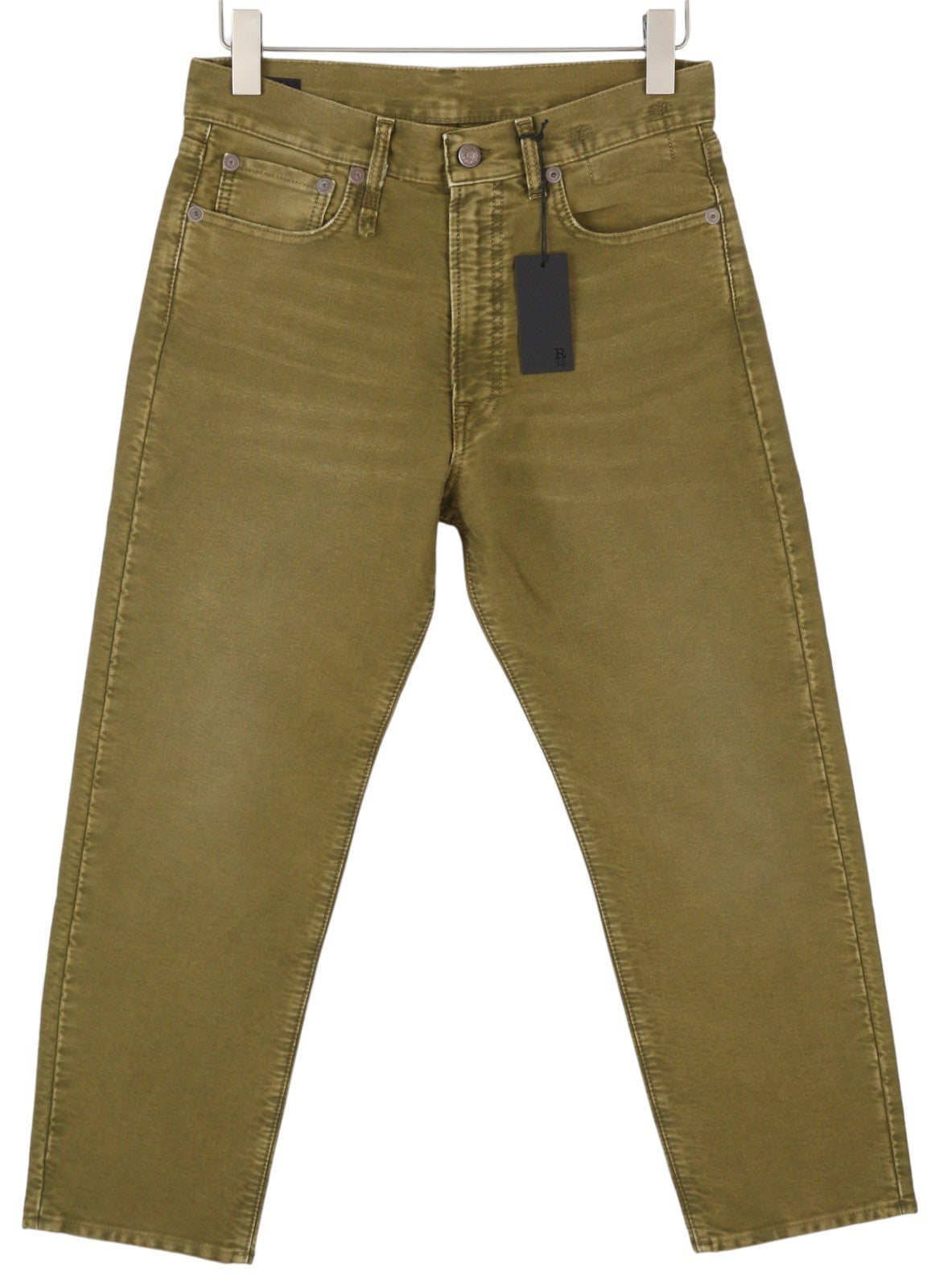 R13 Boyfriend moteriškos kelnės 26 alyvuogių spalvos dažytos moleskino spalvos iki kulkšnių, blukintos FW25 