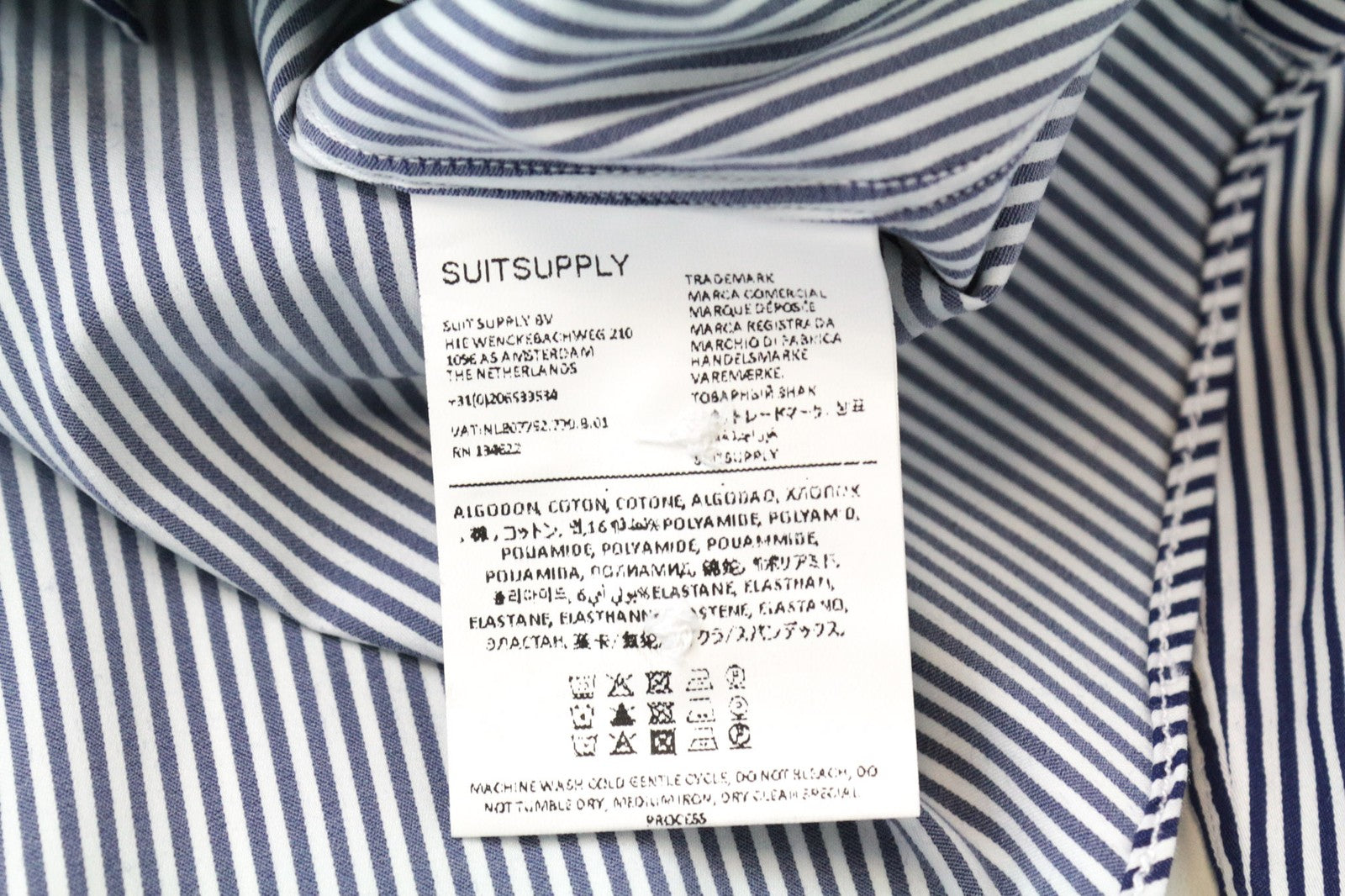 „SUITSUPPLY“ vyriški formalūs marškiniai ~S, mėlyni dryžuoti, ploni, tamprūs, iškirpti, medvilniniai 