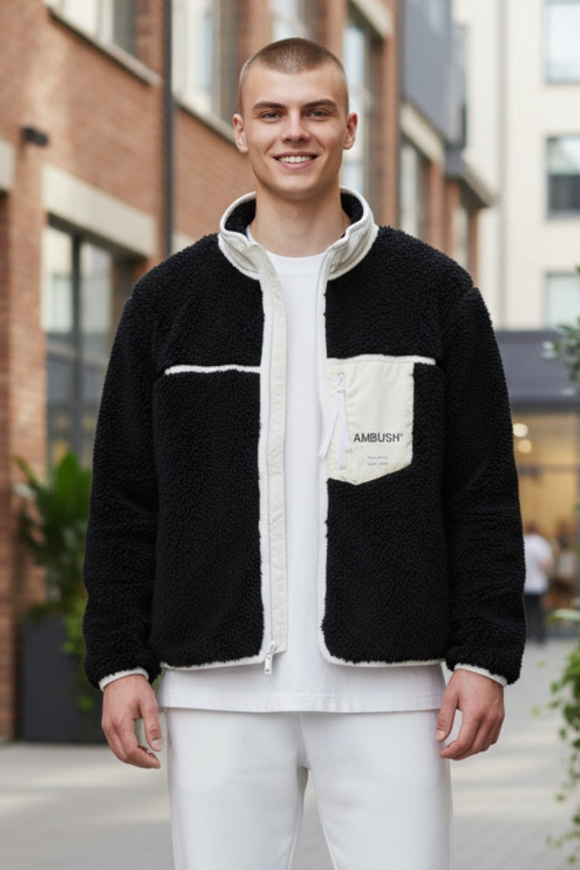 AMBUSH nauja flisinė vyriška striukė L, juoda, pūkuota, dirbtinio kailio, užtrauktuku, lengva, RRP710 