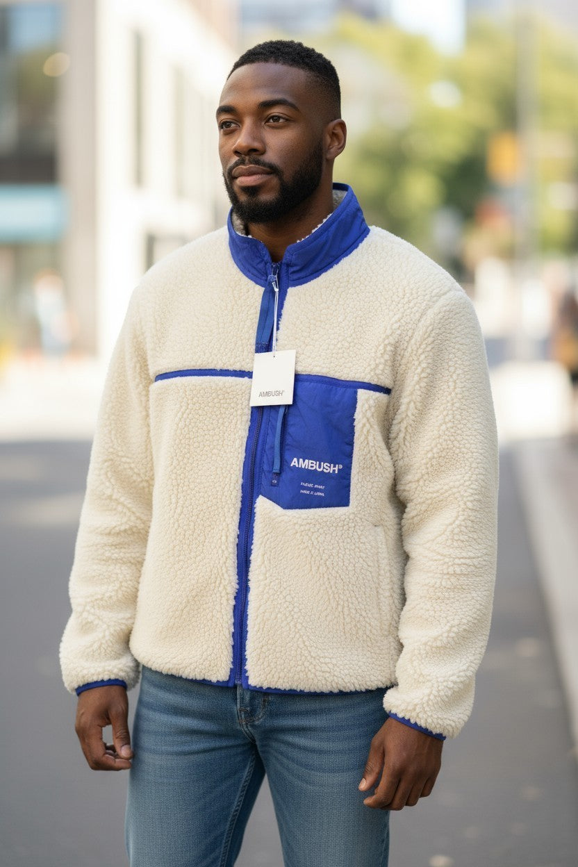 AMBUSH nauja vilnonė vyriška striukė M, dramblio kaulo spalvos, pūkuotas, dirbtinio kailio, užtrauktukas, lengva, RRP710 