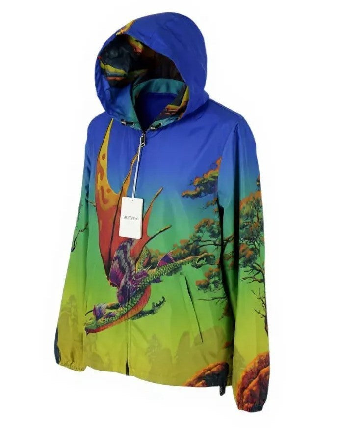 VALENTINO vyriška striukė 48 drakono raštu, tinklelio pamušalu, gobtuvu, lengva, RRP1800 