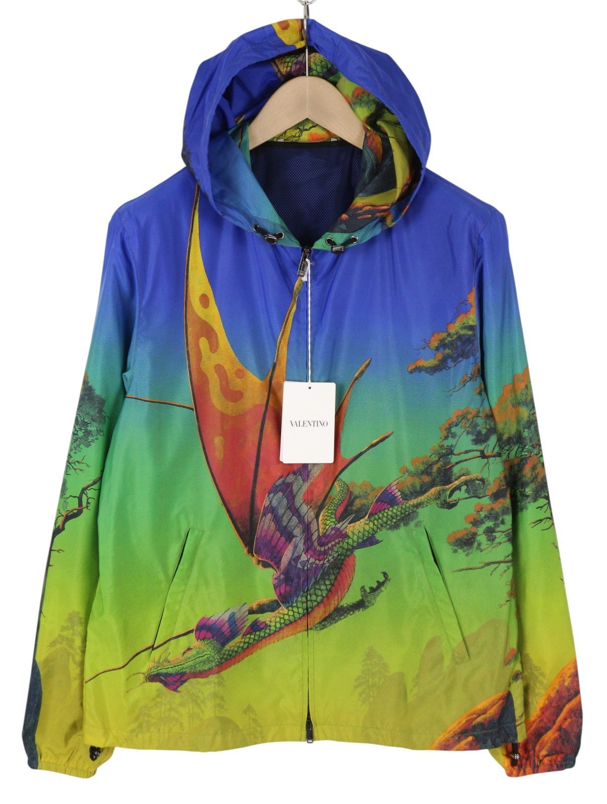 VALENTINO vyriška striukė 48 drakono raštu, tinklelio pamušalu, gobtuvu, lengva, RRP1800 