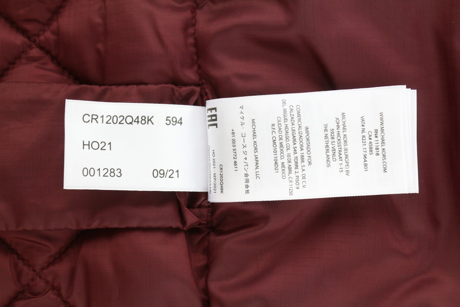 MICHAEL KORS vyriška liemenė L, bordo spalvos, dygsniuota, izoliuota, su užtrauktuku, RRP199 