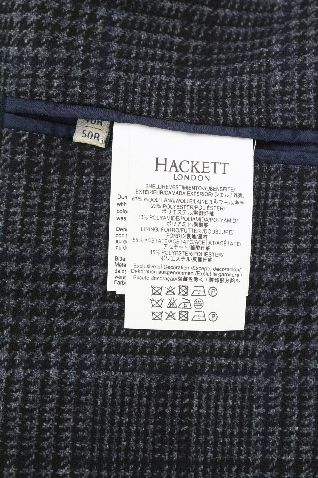 HACKETT Mayf Gmd vilnos languotas vyriškas švarkas su pilku vilnos mišinio raštu, be pamušalo, su įpjova, RRP550 
