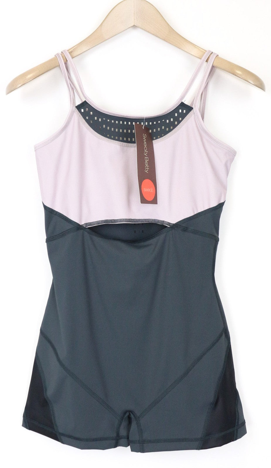 SWEATY BETTY Passe moteriškas šokių triko XS/S pilkai violetinis tamprus kombinezonas 