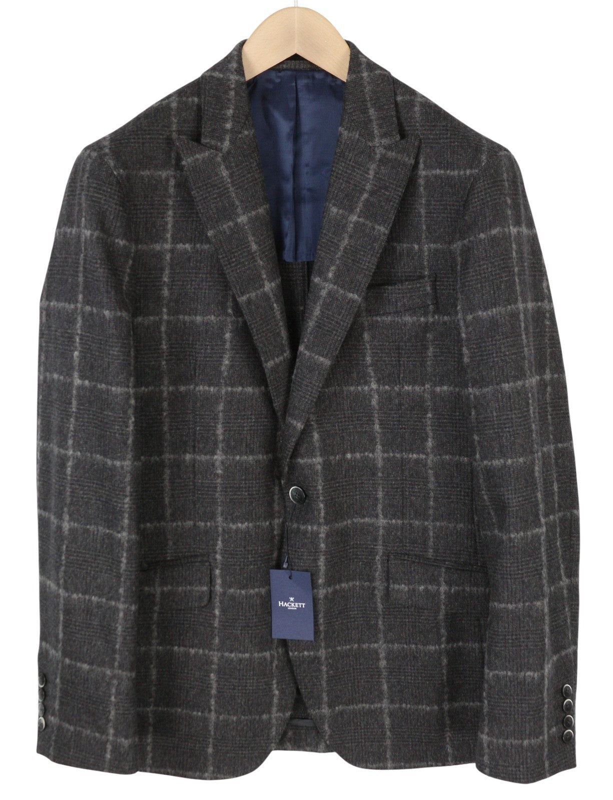 HACKETT vyriškas buklė švarkas su vilnoniu languotu raštu, pilkas, su pamušalu snapelyje, RRP575 