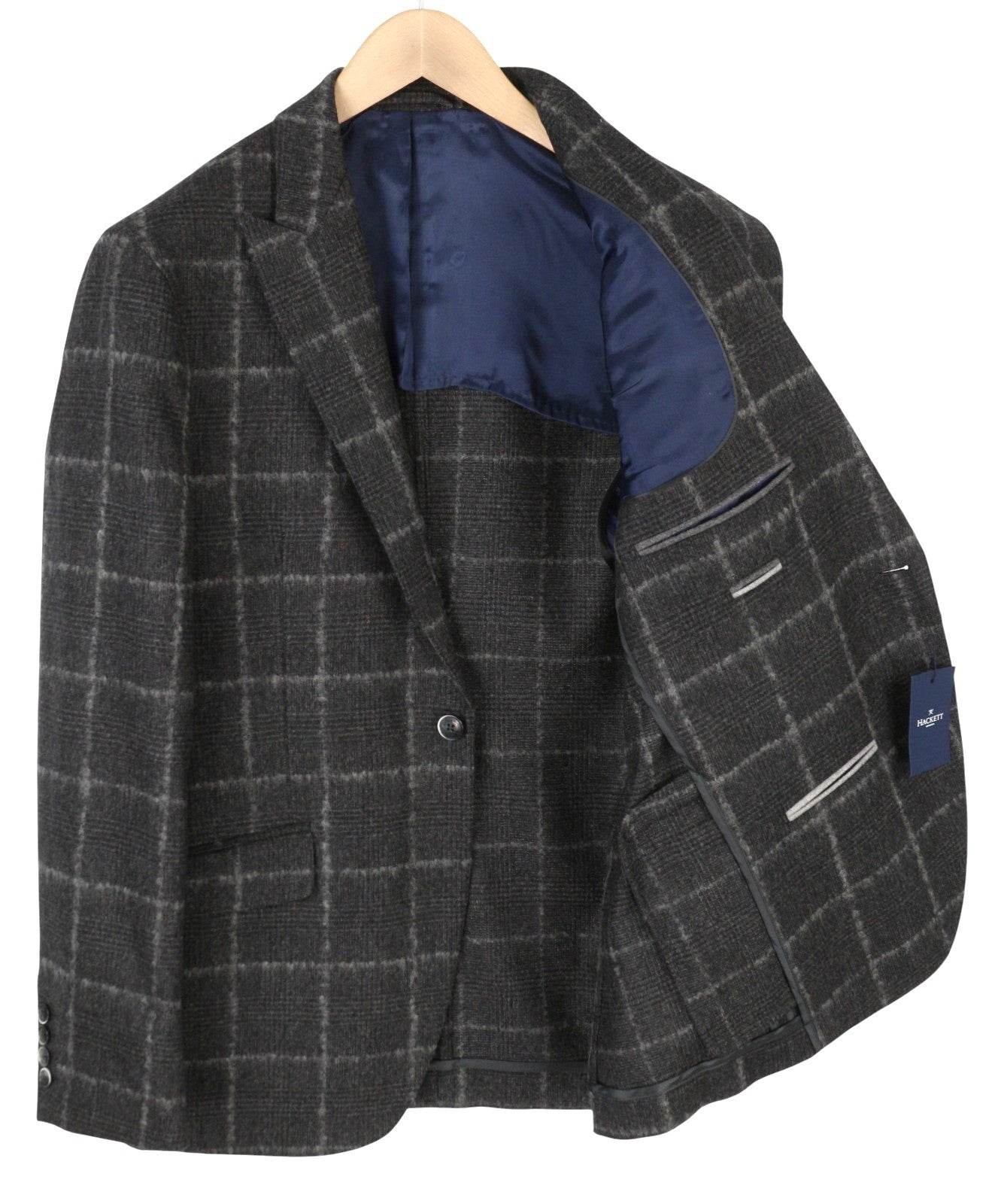 HACKETT vyriškas buklė švarkas su vilnoniu languotu raštu, pilkas, su pamušalu snapelyje, RRP575 