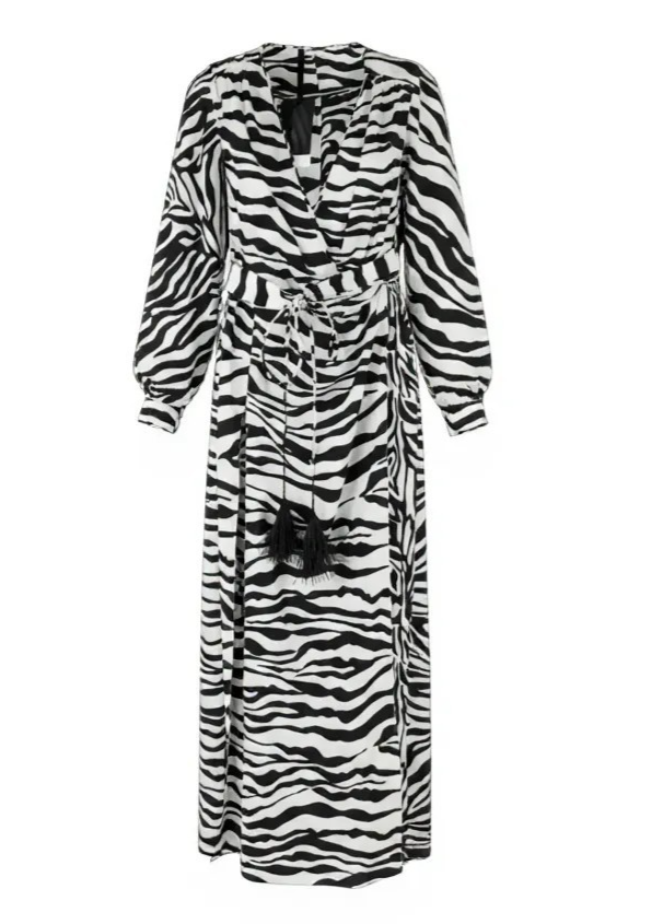 THE ATTICO moteriška suknelė 42 ilgomis rankovėmis, zebro rašto, su diržu, krepinė, apvyniojama maksi suknelė, RRP1199 