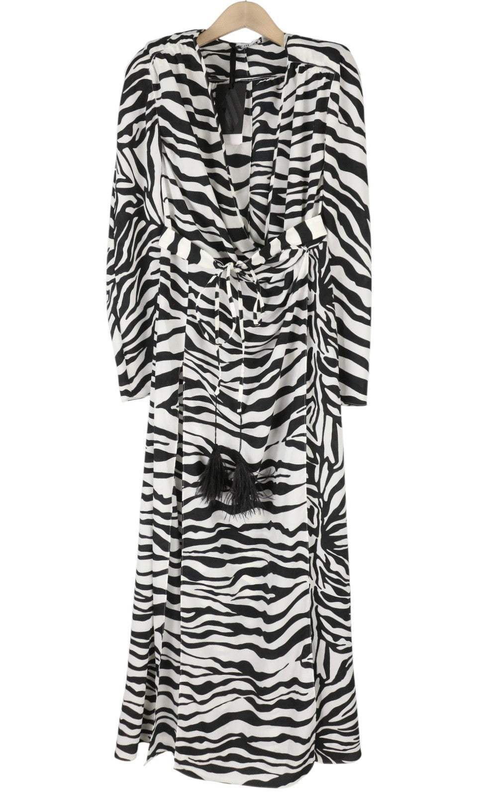 THE ATTICO moteriška suknelė 42 ilgomis rankovėmis, zebro rašto, su diržu, krepinė, apvyniojama maksi suknelė, RRP1199 